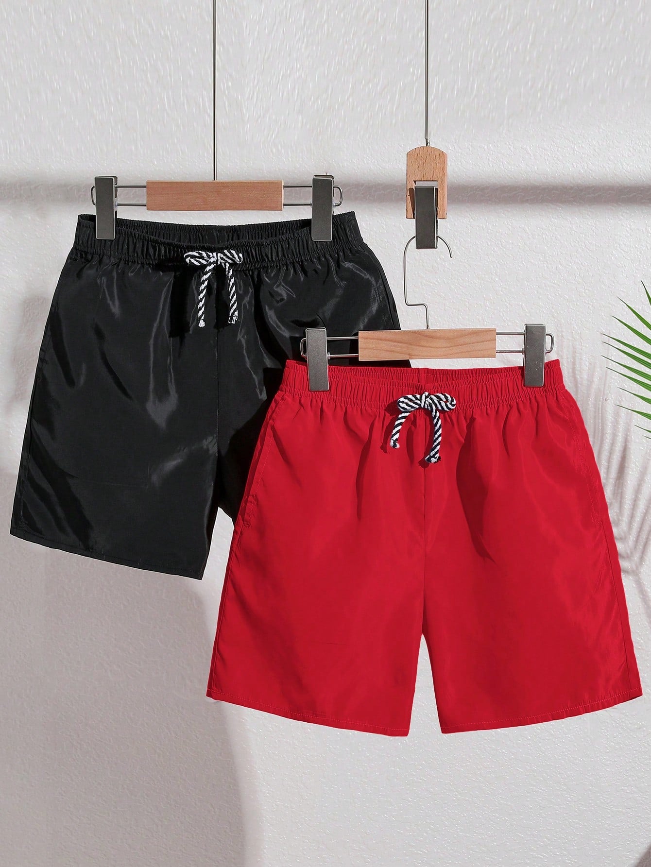 Tween Boys' Casual Holiday Plain Loose Weave Beach Swim Shorts 2pcs/Set, For Summer, Beach, Swimming Pool