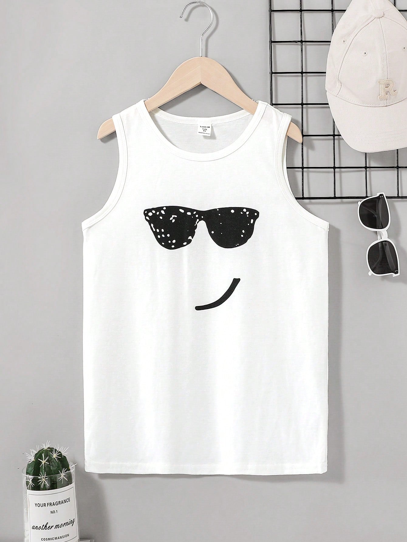 Tween Boy Casual Comfortable Sleeveless Top With Sunglasses & Smirk Pattern