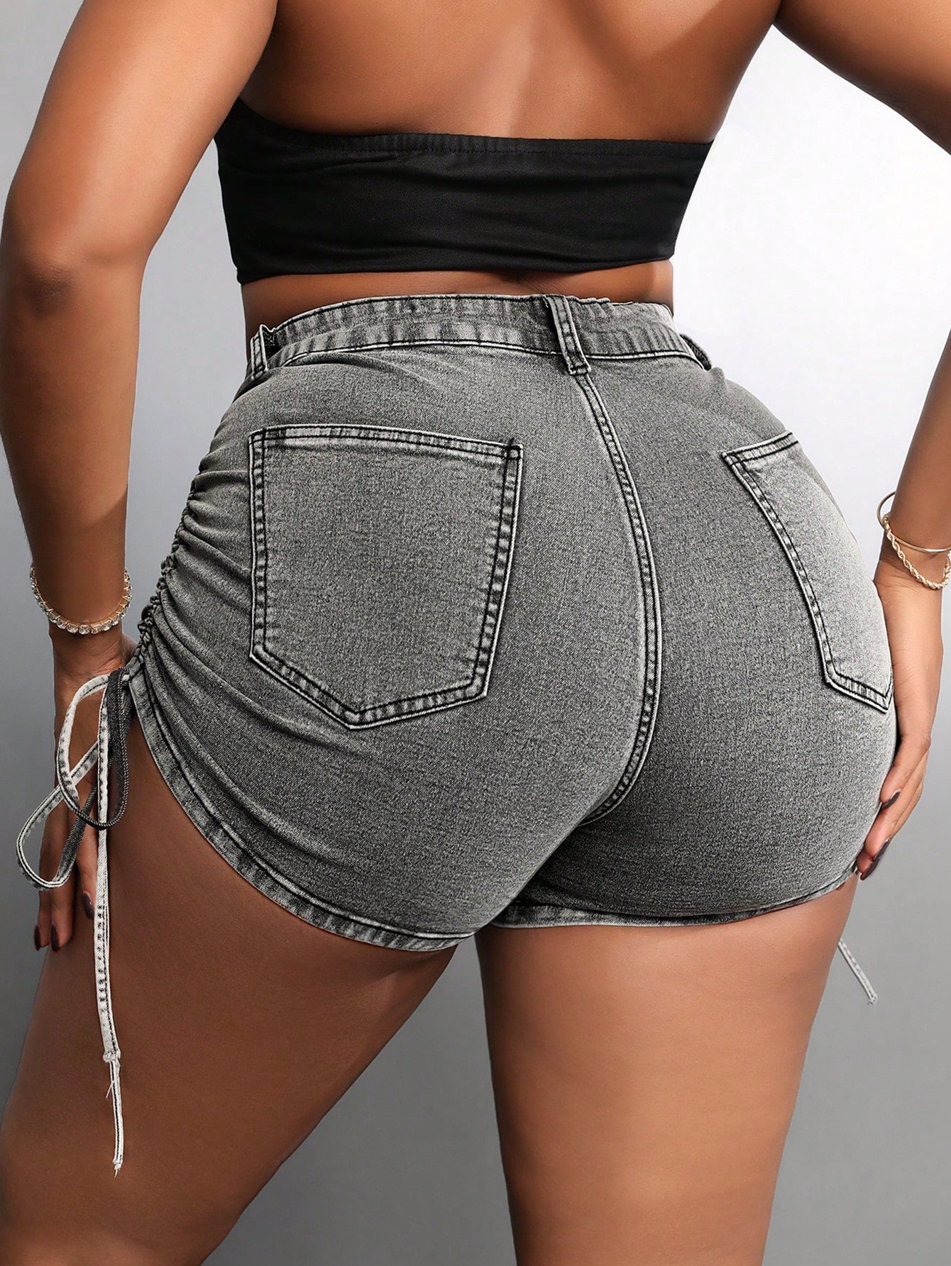 Plus Size Drawstring Side Tight Denim Shorts