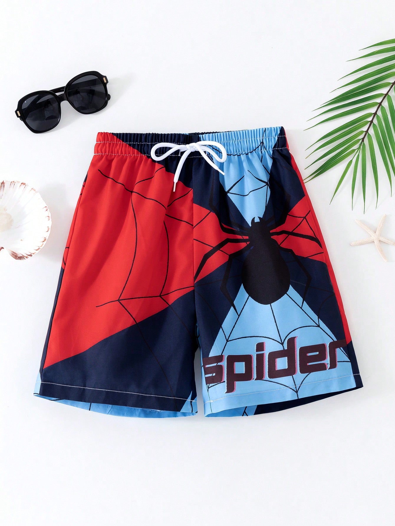 Tween Boys' Casual Loose Knit Beach Shorts/Swim Trunks, Multi-Color Graffiti & Spider Letter Print, Suitable For Summer Beach Vacation, Swimming, And Surfing