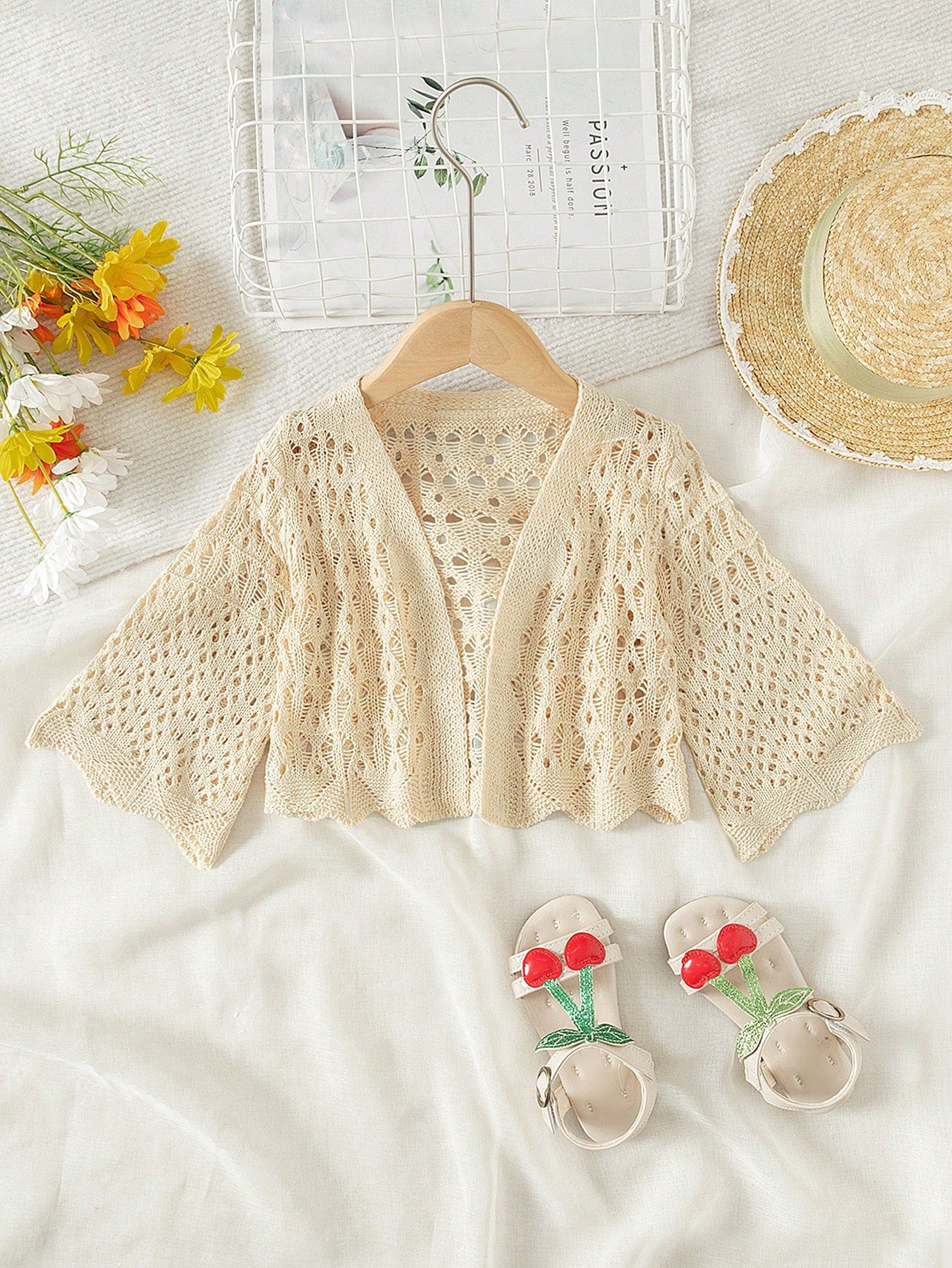 Young Girl Fashionable Summer Solid Color Knitted Hollow Kimono Cardigan