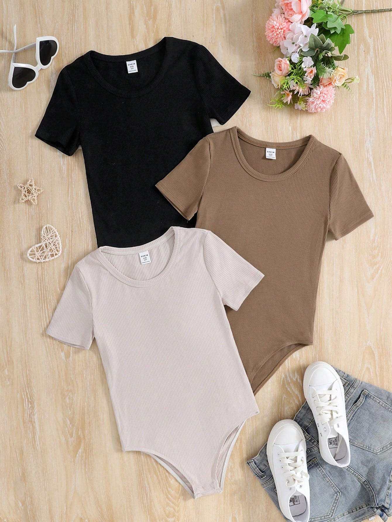 Tween Girl Knitted Solid Color Bodysuit With Round Neck, 3pcs/Set Casual Outfit