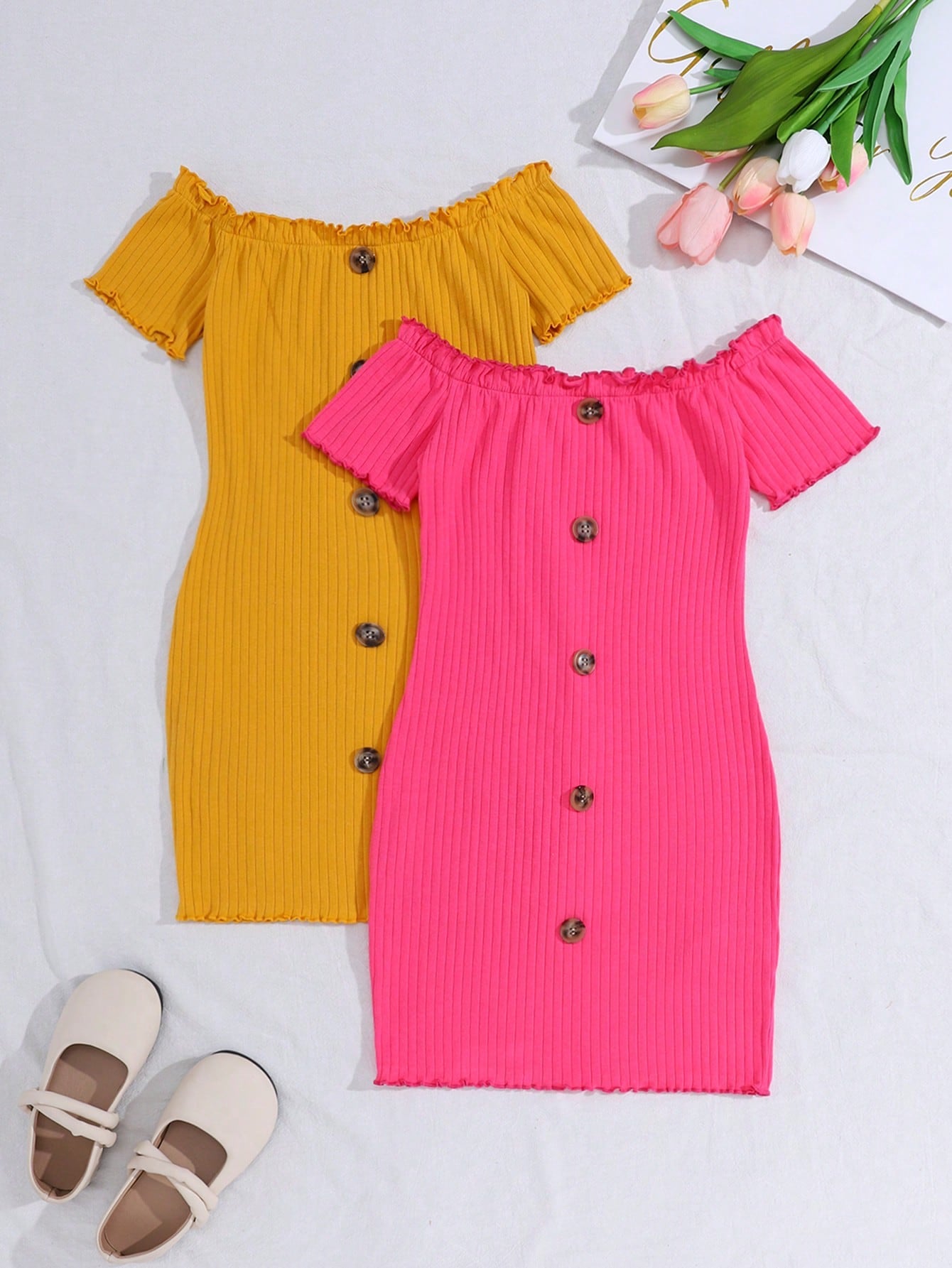 Tween Girl Set Of 2 Fashionable Sporty Knit Solid Color Off Shoulder Dresses