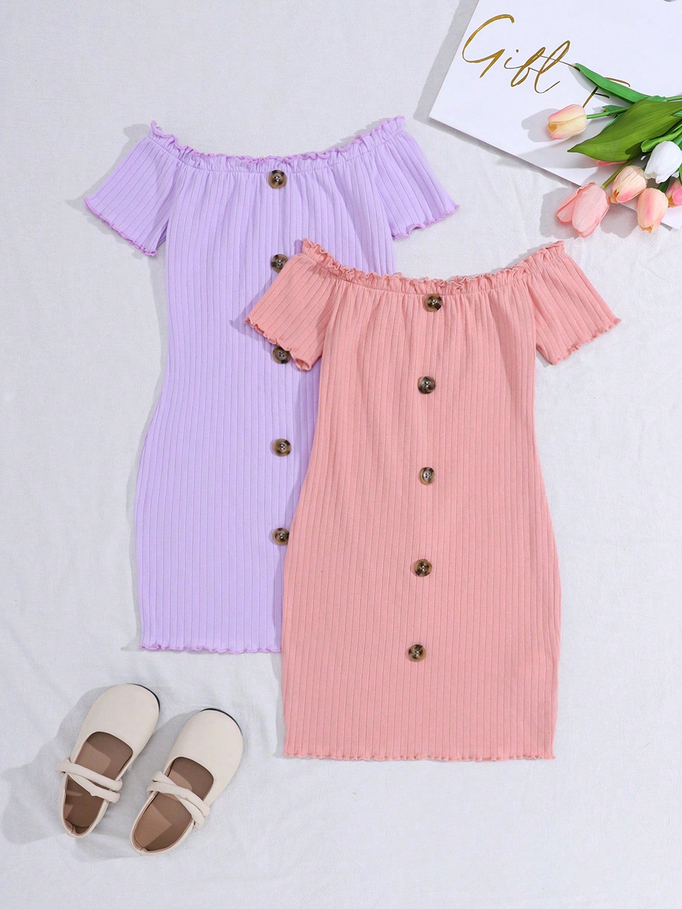 Tween Girl Set Of 2 Fashionable Sporty Knit Solid Color Off Shoulder Dresses