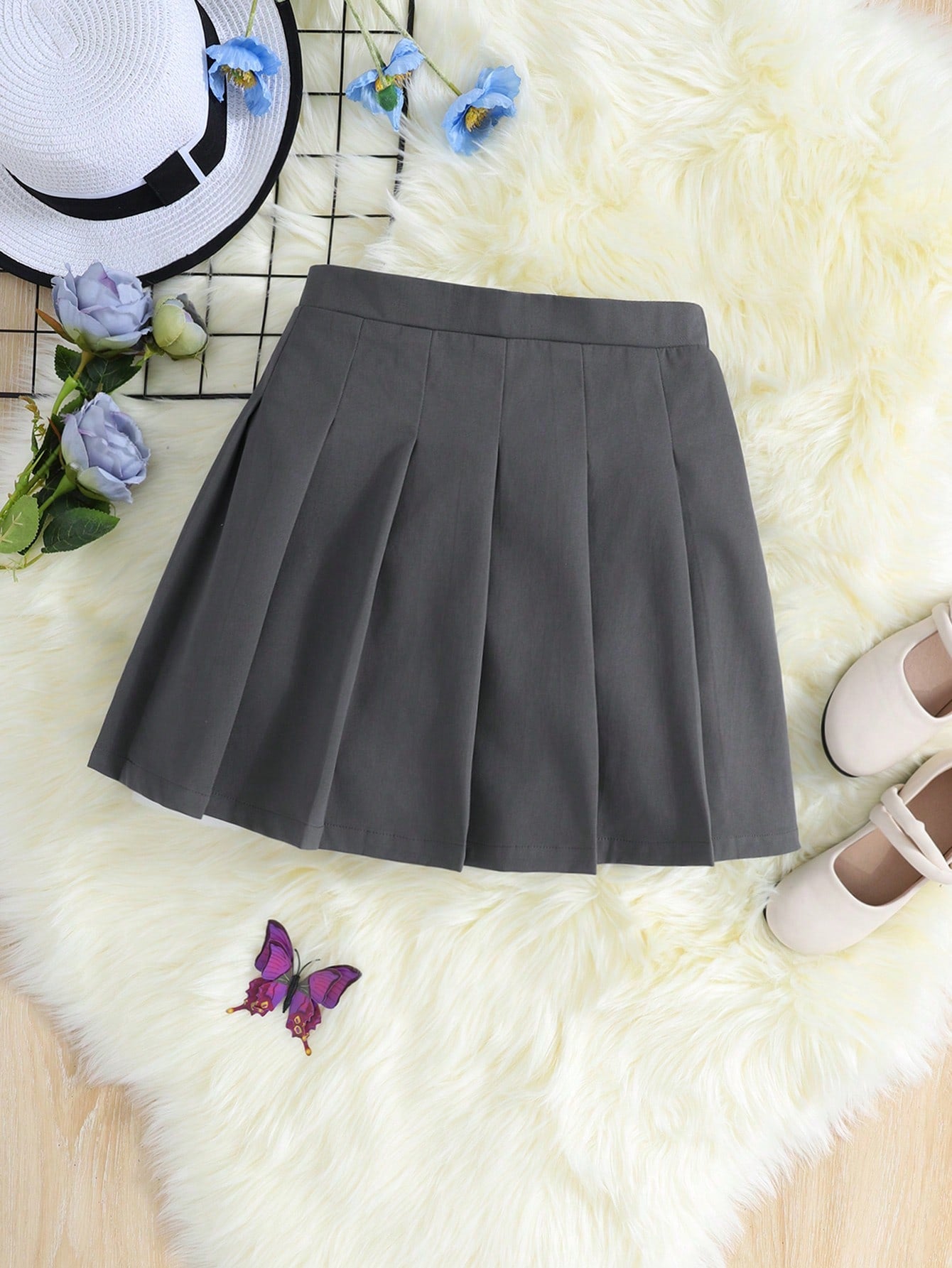 Tween Girl Sweet And Cool Plain Woven Pleated Skirt For Daily Wear