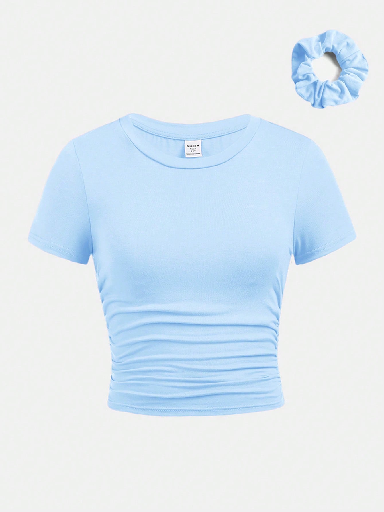 Teen Girl Knitted Solid Color Crinkled Short Sleeve T-Shirt With Round Neckline And One Hair Tie