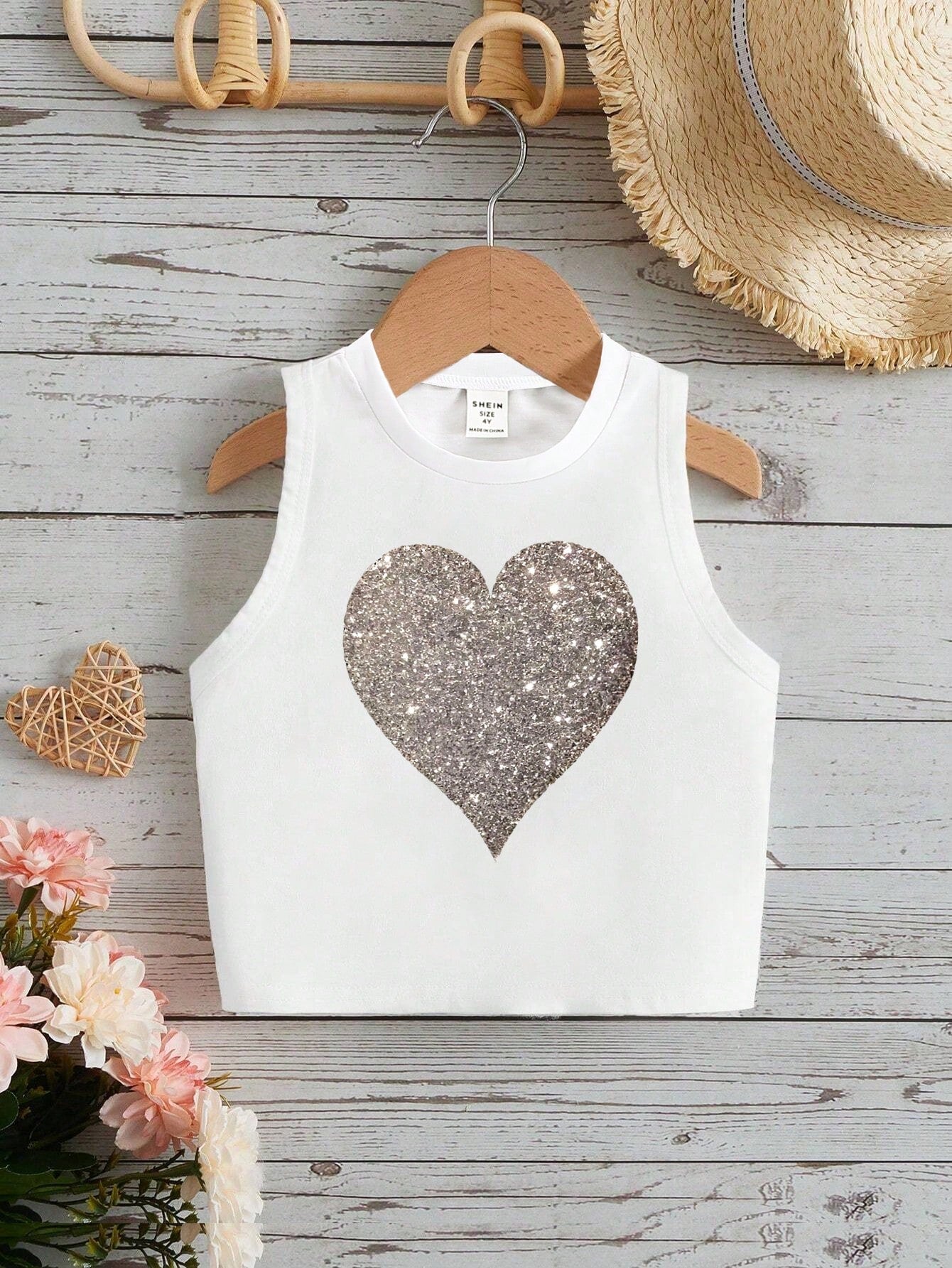 Young Girl Casual Heart Pattern Printed Gold Foil Detail Crop Top