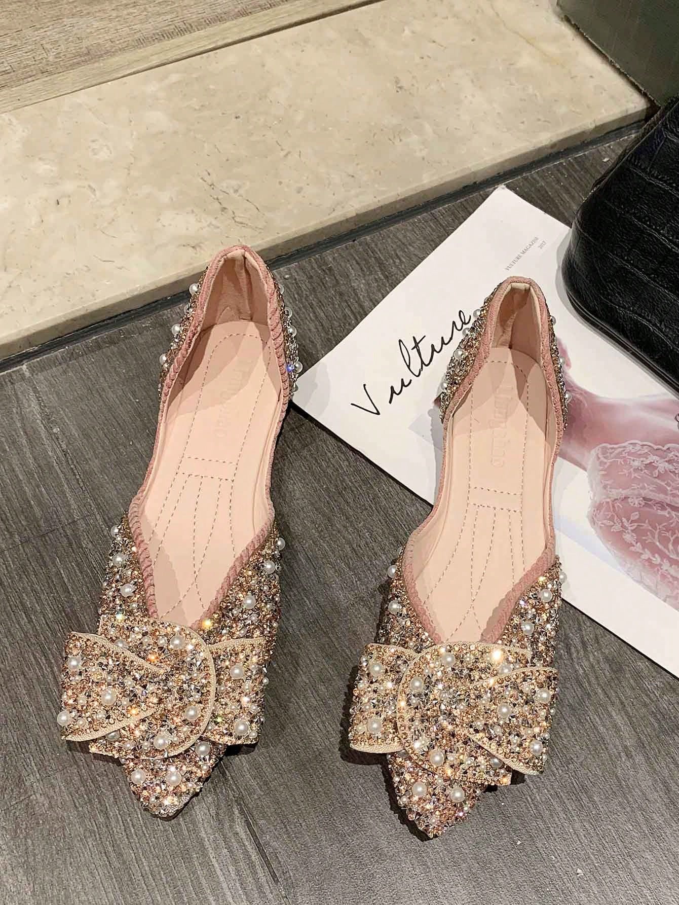 Spring Pointed Toe Flat Slip-On Shoe With Diamond Decor For Women - Skidproof & Wearable