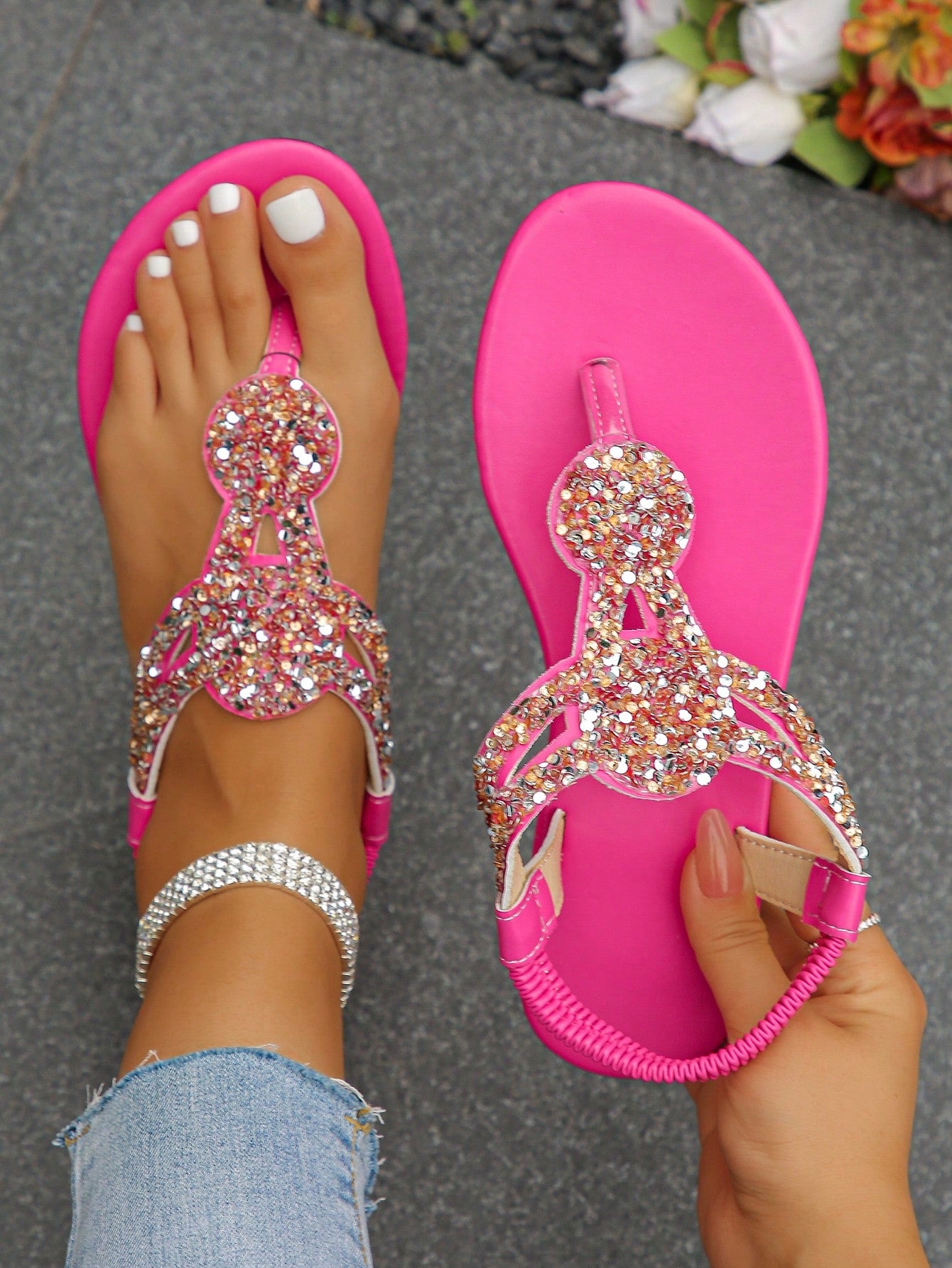 Plus Size Women's 35-43 European-Style Champagne Glitter Flip-Flops, Casual Beach Sandals, Daily Wear, Open-Toe, Fluorescent Pink Slippers With Slip-On