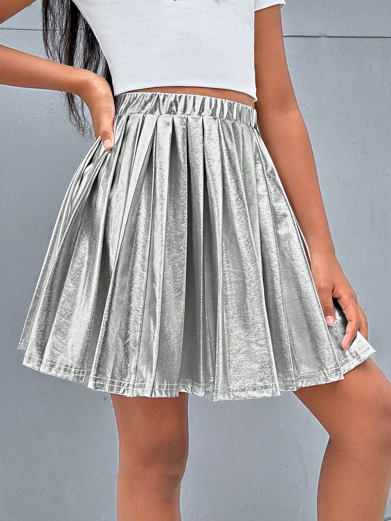 Tween Girl Summer Cool Street Style Metallic Coated Silver Pleated Skirt