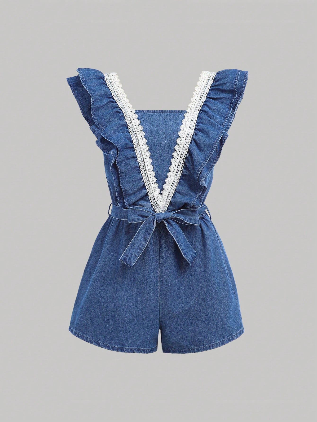 Teen Girl Summer Boho Guipure Lace Insert Ruffle Trim Belted Denim Jumpsuit,Teen Girl Summer Clothes Outfits