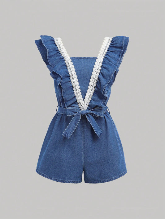 Teen Girl Summer Boho Guipure Lace Insert Ruffle Trim Belted Denim Jumpsuit,Teen Girl Summer Clothes Outfits