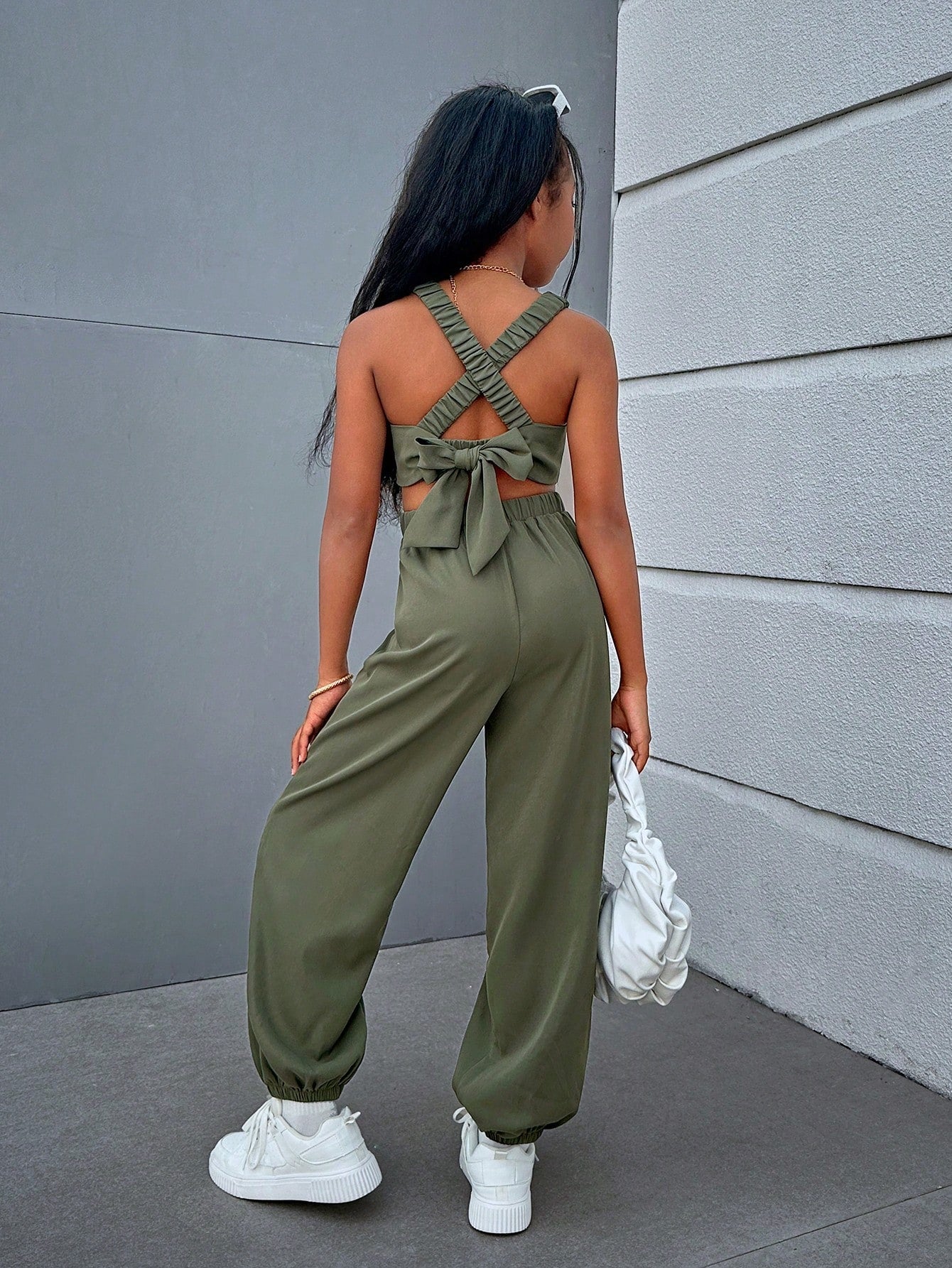 Tween Girl Cool & Trendy Street-Style Woven Solid Color Jumpsuit With Cross Back Straps And Open Back, Spring/Summer