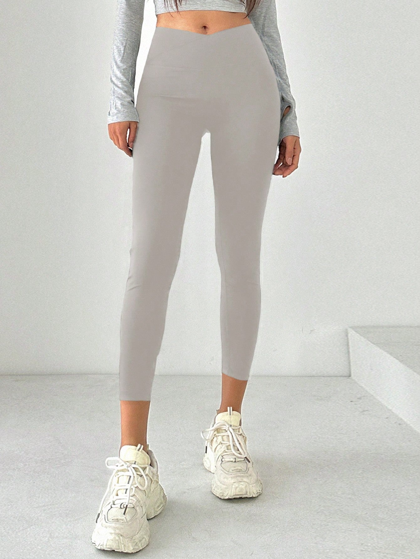 Solid Asymmetrical Wideband Waist Leggings