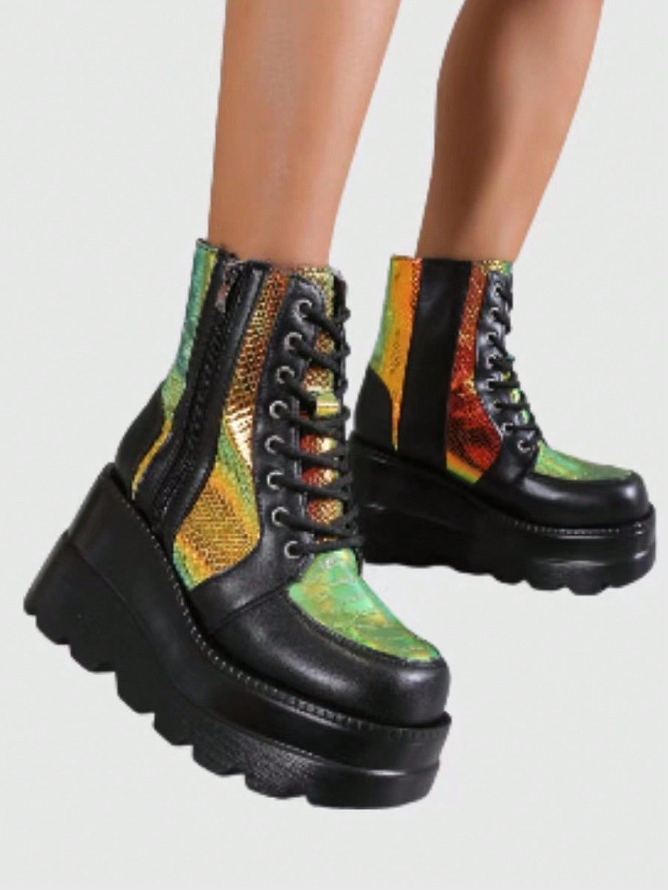 Punk Women Holographic Lace-up Front Zipper Side Wedge Boots, Funky Outdoor Boots