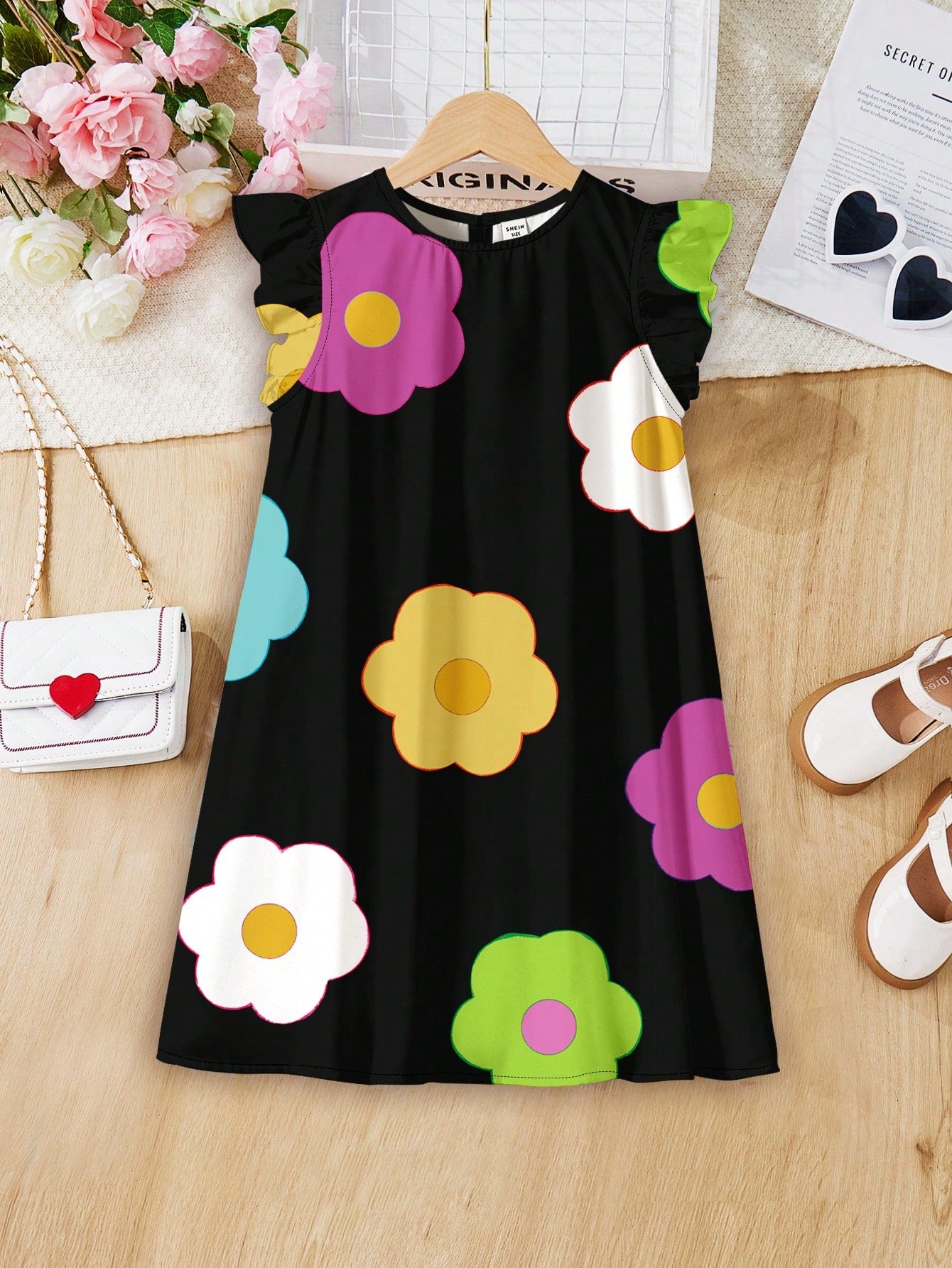 Young Girl Casual Simple Flower Printed Dress With Ruffled Hem, Suitable For Summer