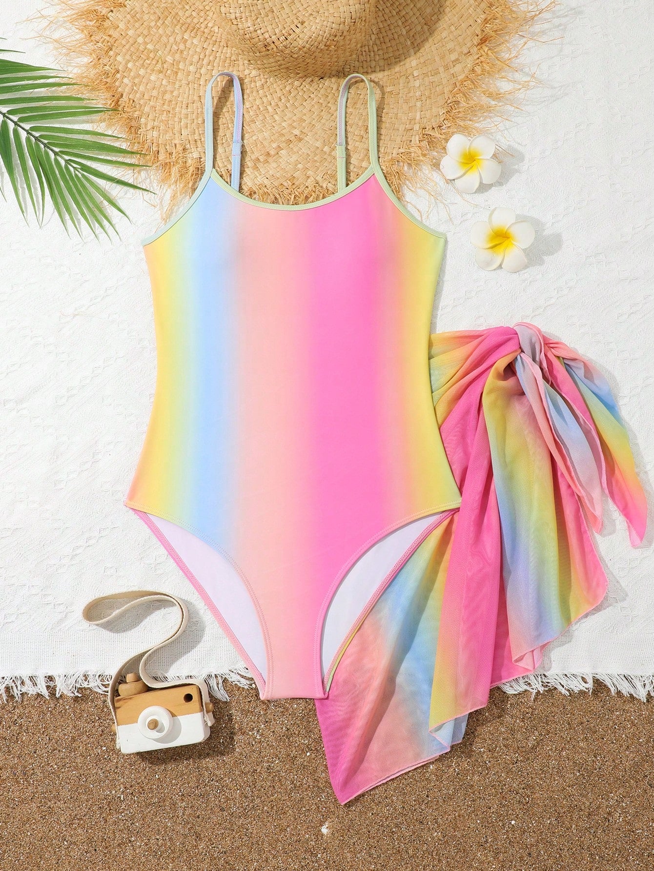 Teenage Girls' One-Piece Swimsuit With Ombre Mesh Cover-Up Skirt