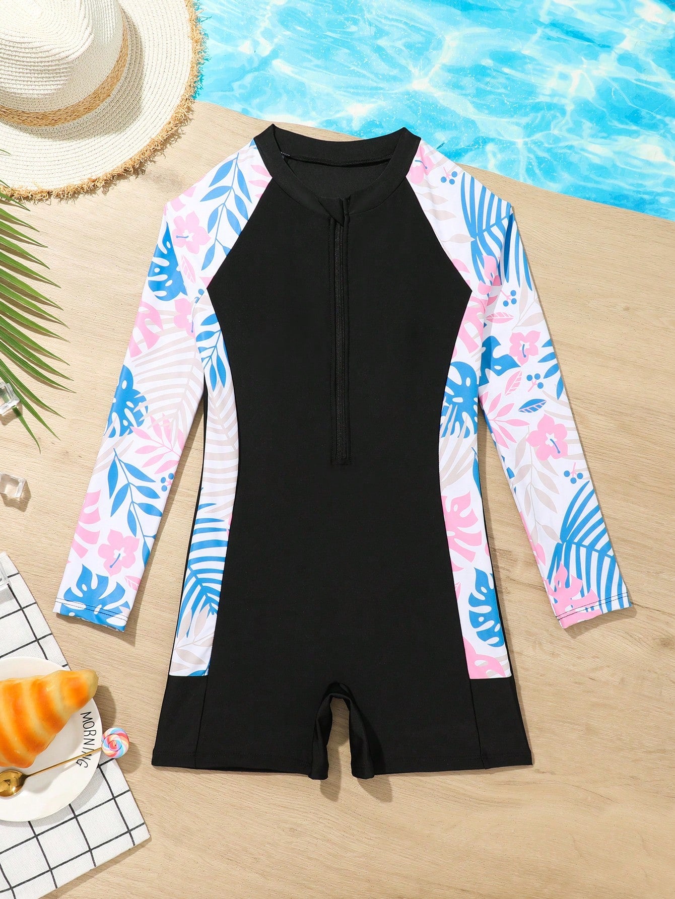 Tween Girls' Tropical Printed Zipper Front Long Sleeve One Piece Swimsuit Summer Swimming,Beach