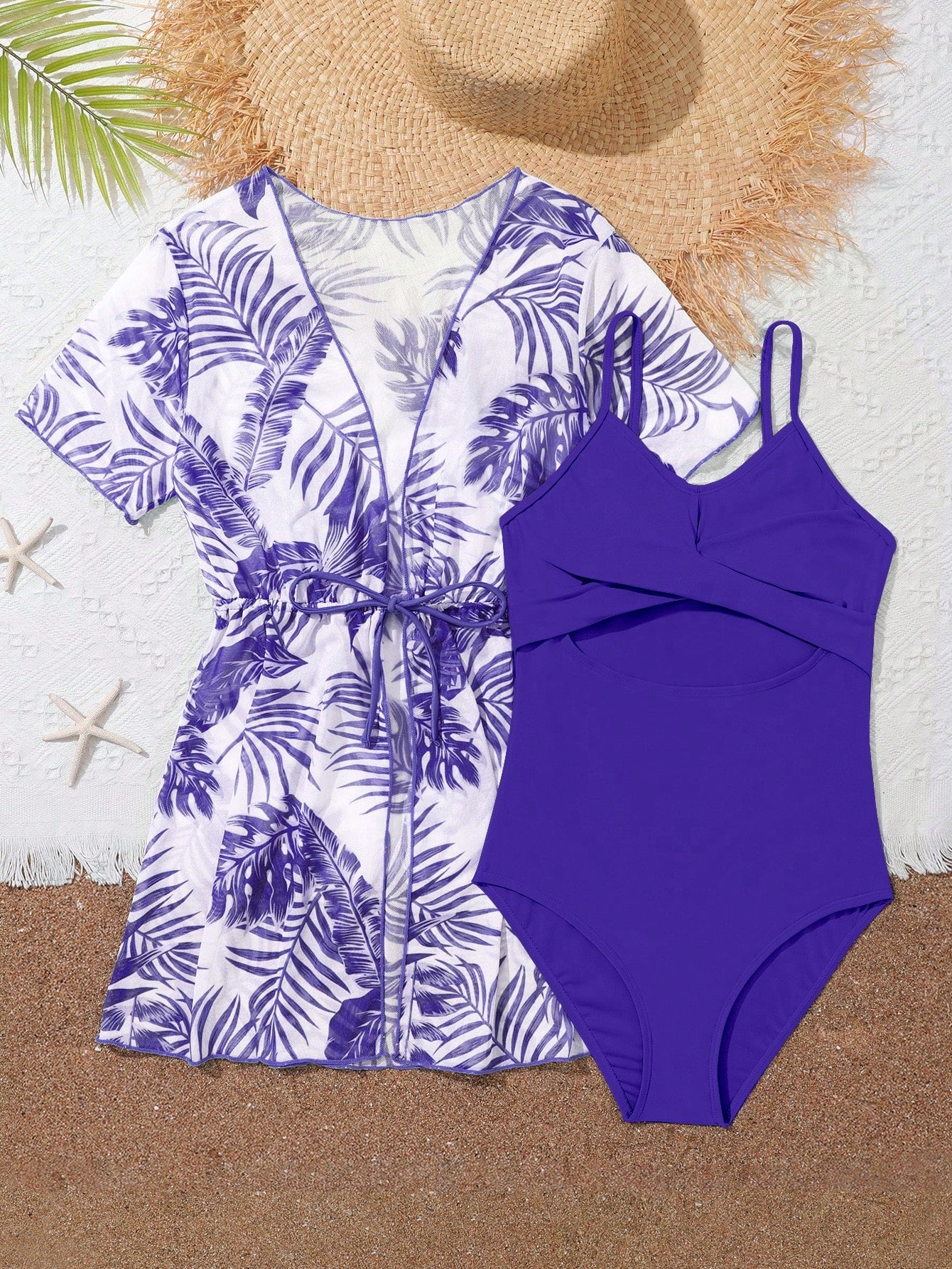 Teen Girls Cut Out One Piece Swimsuit With Tropical Print Kimono