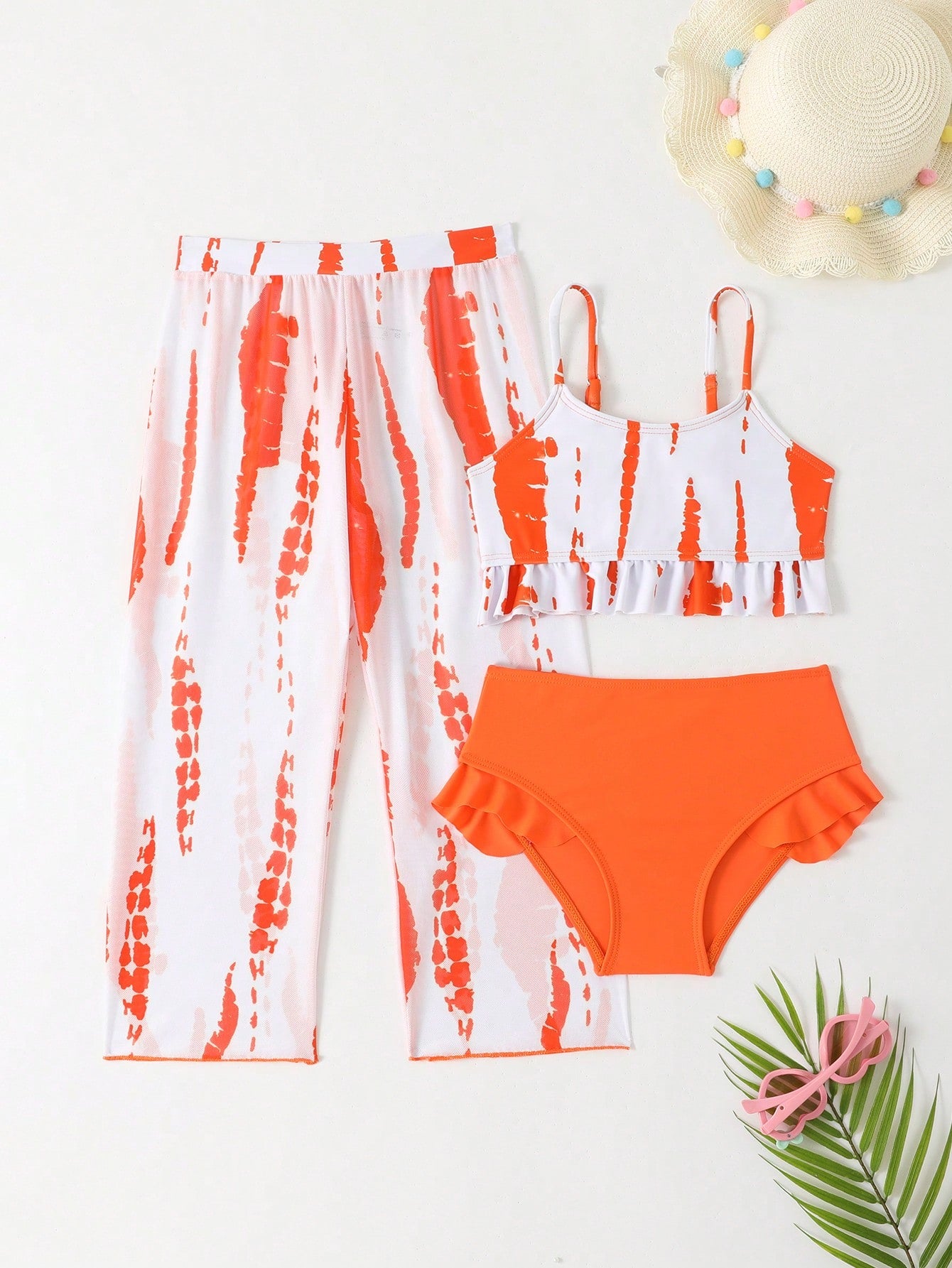 Young Girl Spaghetti Straps Sleeveless 3-Piece Swimwear Set With Random Prints