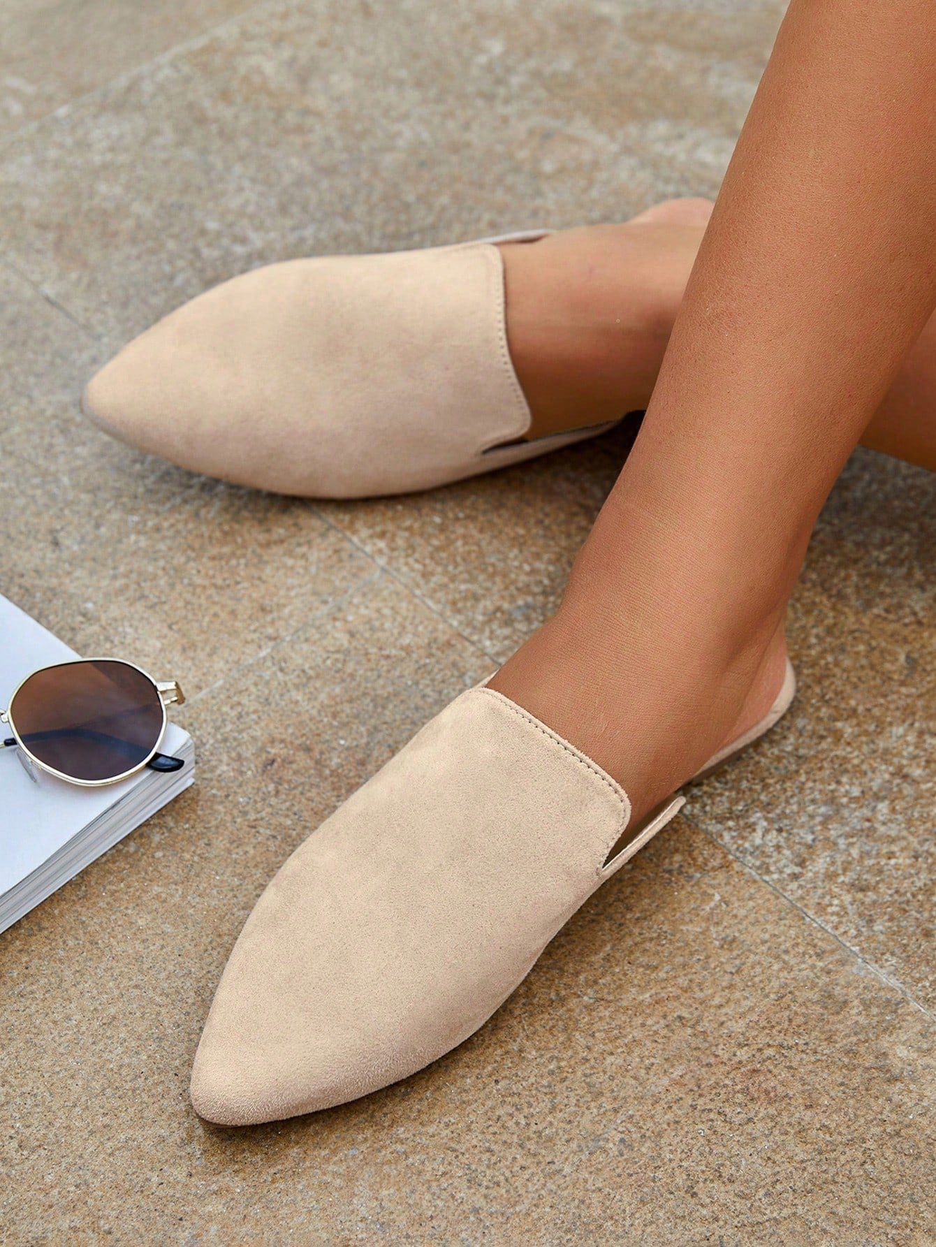 Women Point Toe Mule Flats, Elegant Apricot Faux Suede Flat Shoes For Summer Vacation Shoes Summer Sale Elegant Flats Elegant Business Casual Business Chic