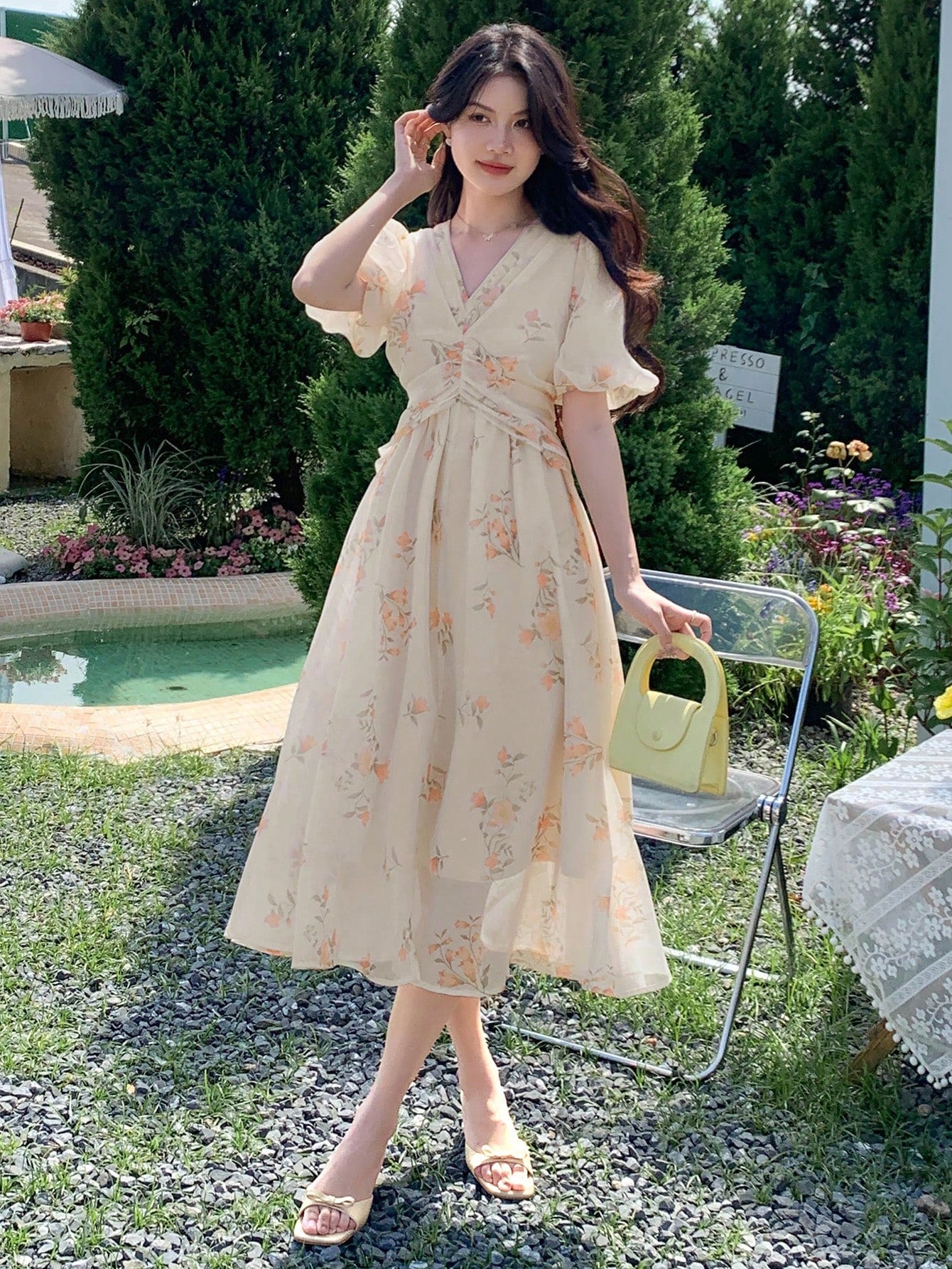 Women's Chiffon Printed V-Neck Short Sleeve Dress