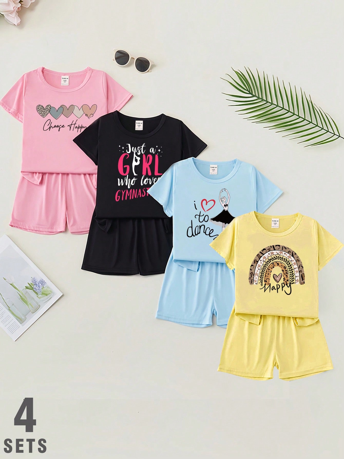 Young Girl 4 Sets Of Trendy Short-Sleeved T-Shirts & Short Leggings Printed With Bicycle & Letter Pattern For Summer