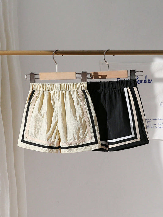 2pcs Young Boy Color-Block Quick-Dry Shorts With Woven Belt, Suitable For Summer Outings And School