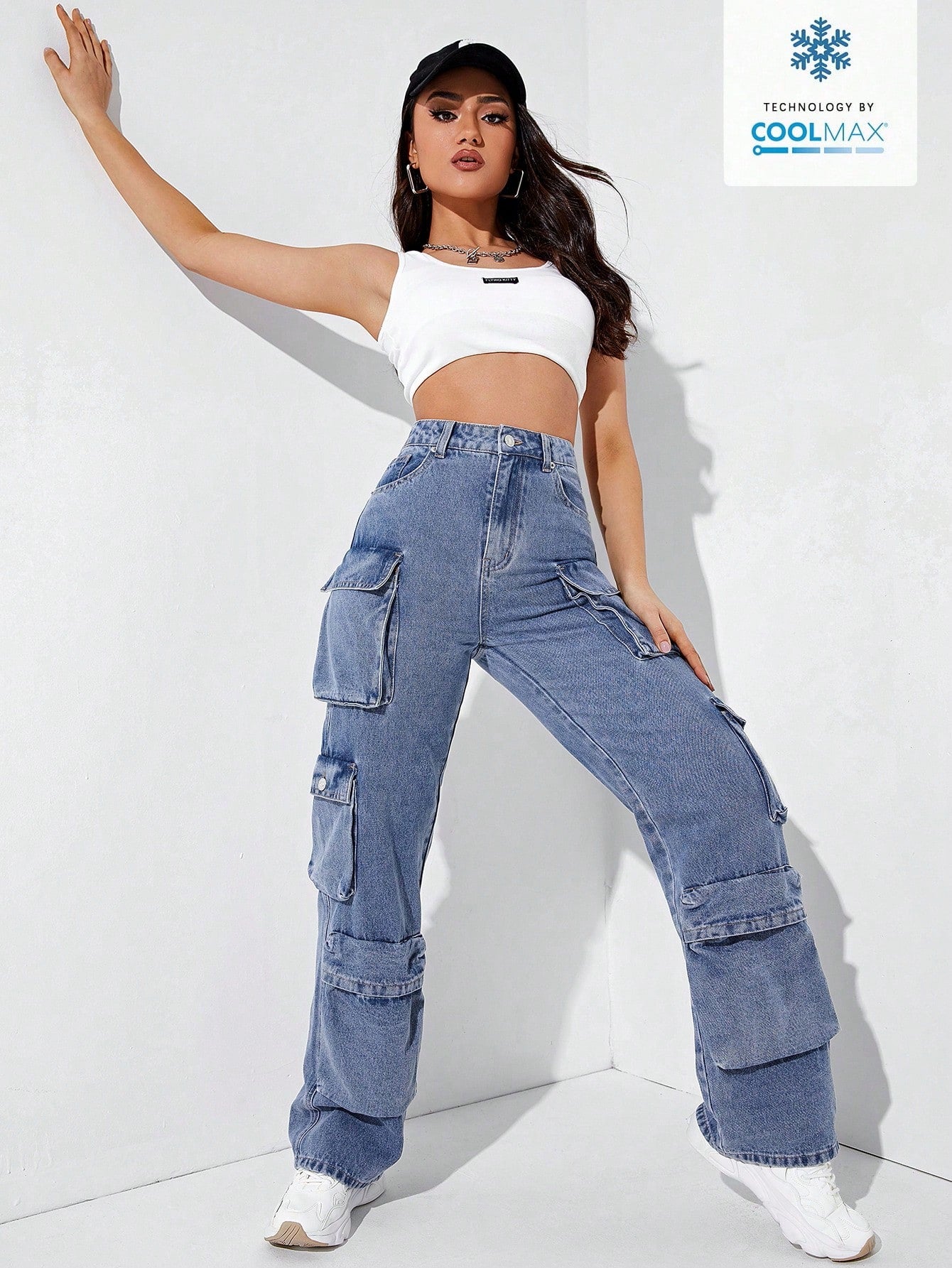 High Waisted Flap Pocket Cargo Jeans