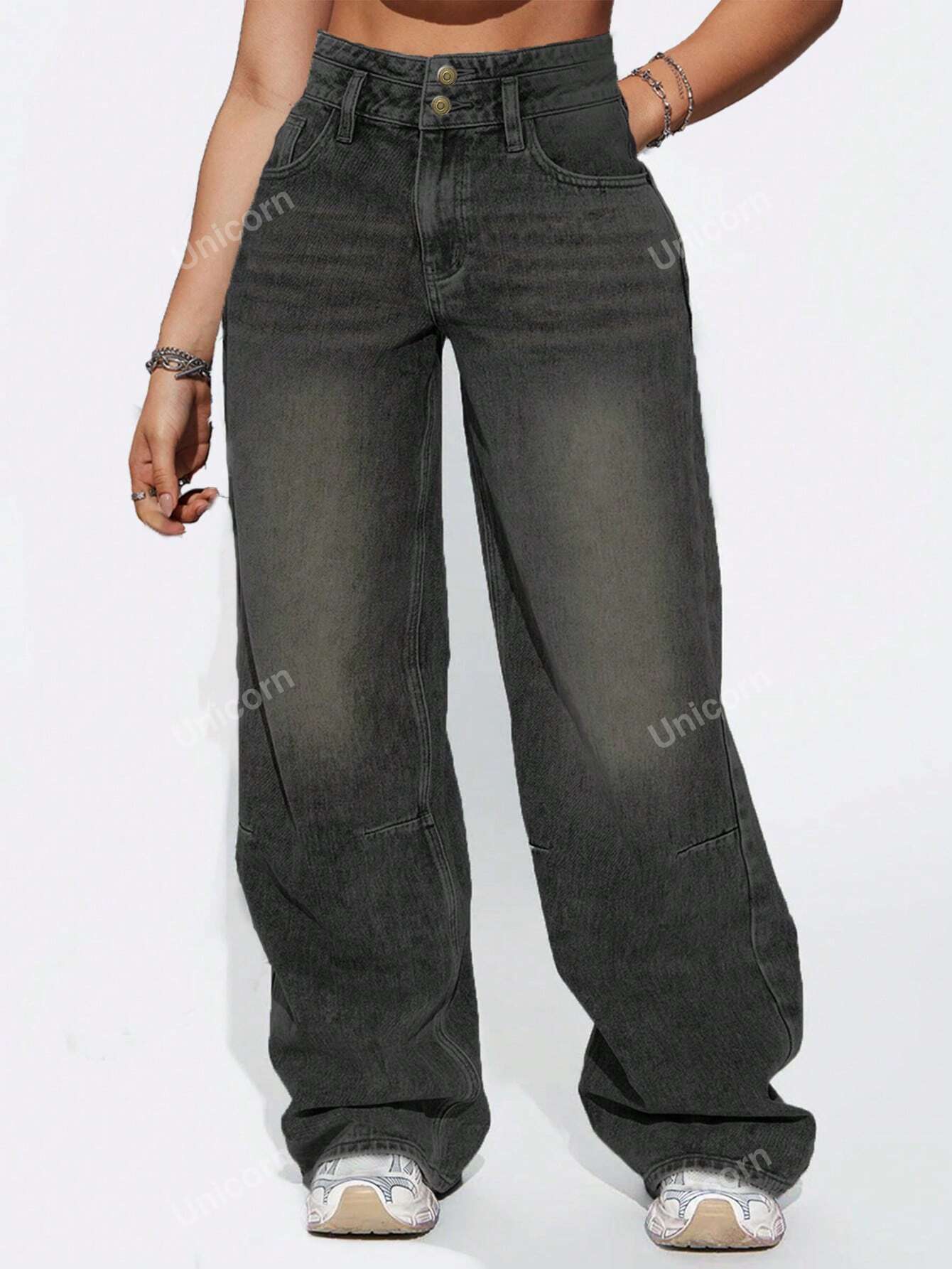 American-Style Light Blue Vintage Jeans With Buckle Design, Women's Straight Wide Leg Pants