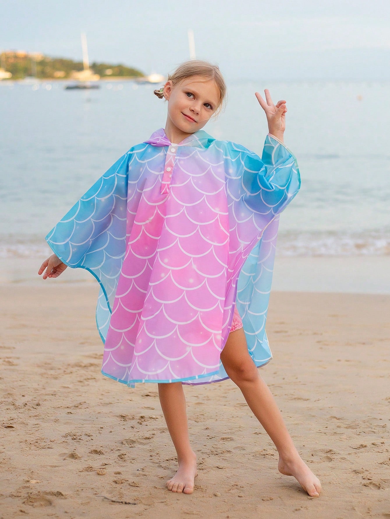 Girls' Cute Colorful Mermaid Scale Printed Loose All-Season Raincoat Cape