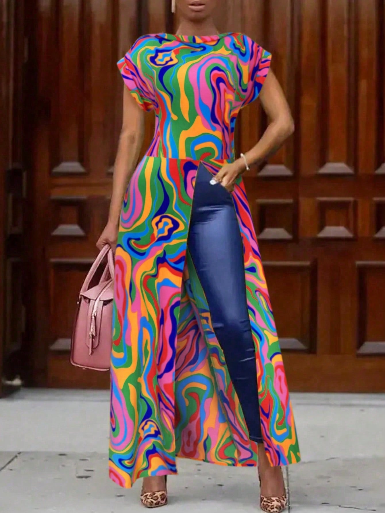 Ladies Long Sleeve Slit Open Colorful Geometric Printed Shirt