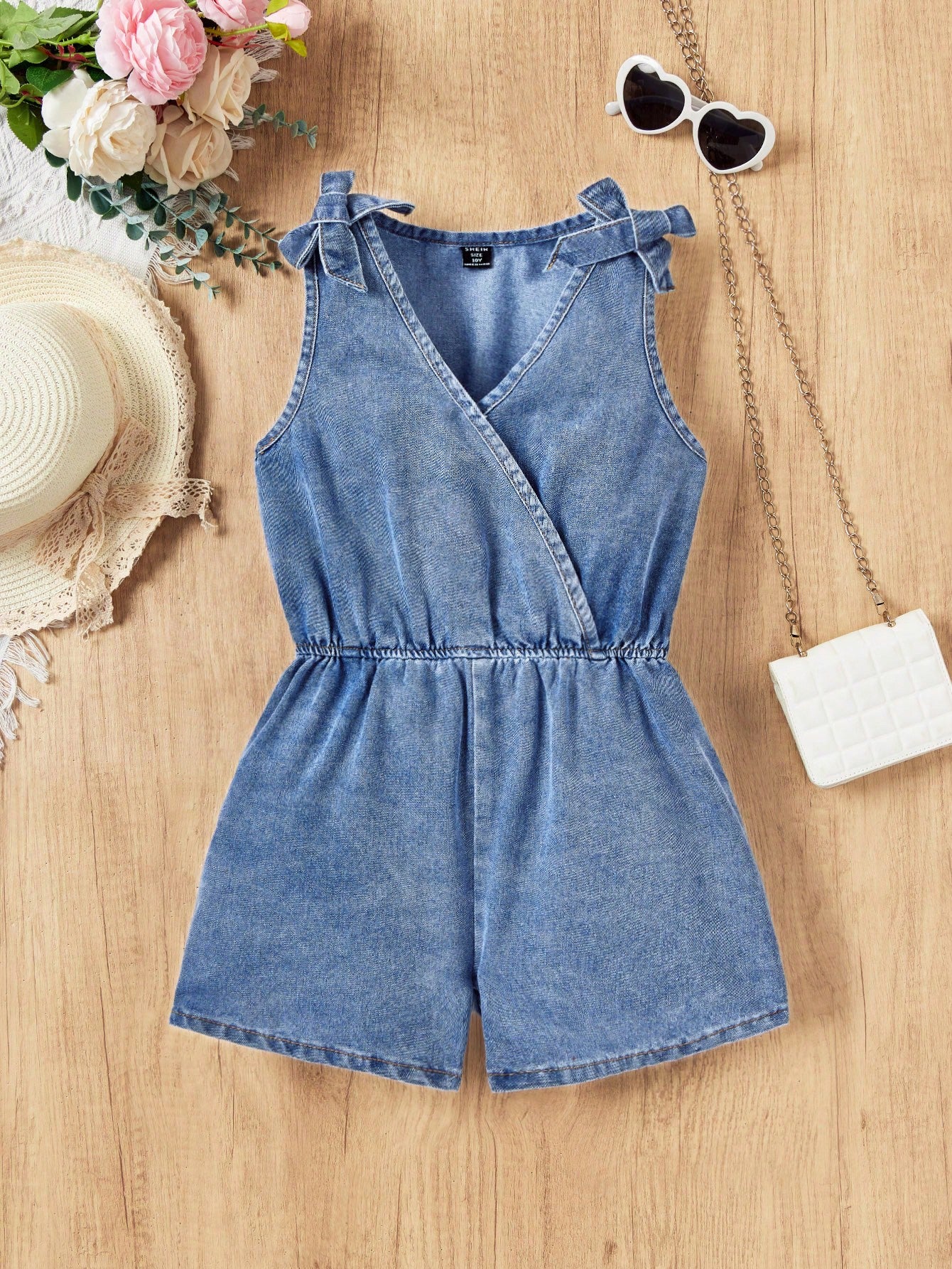 Tween Girl Bow Shoulder Wrap Front Denim Jumpsuit Romper For Summer,Girls Summer Boho Clothes Outfits