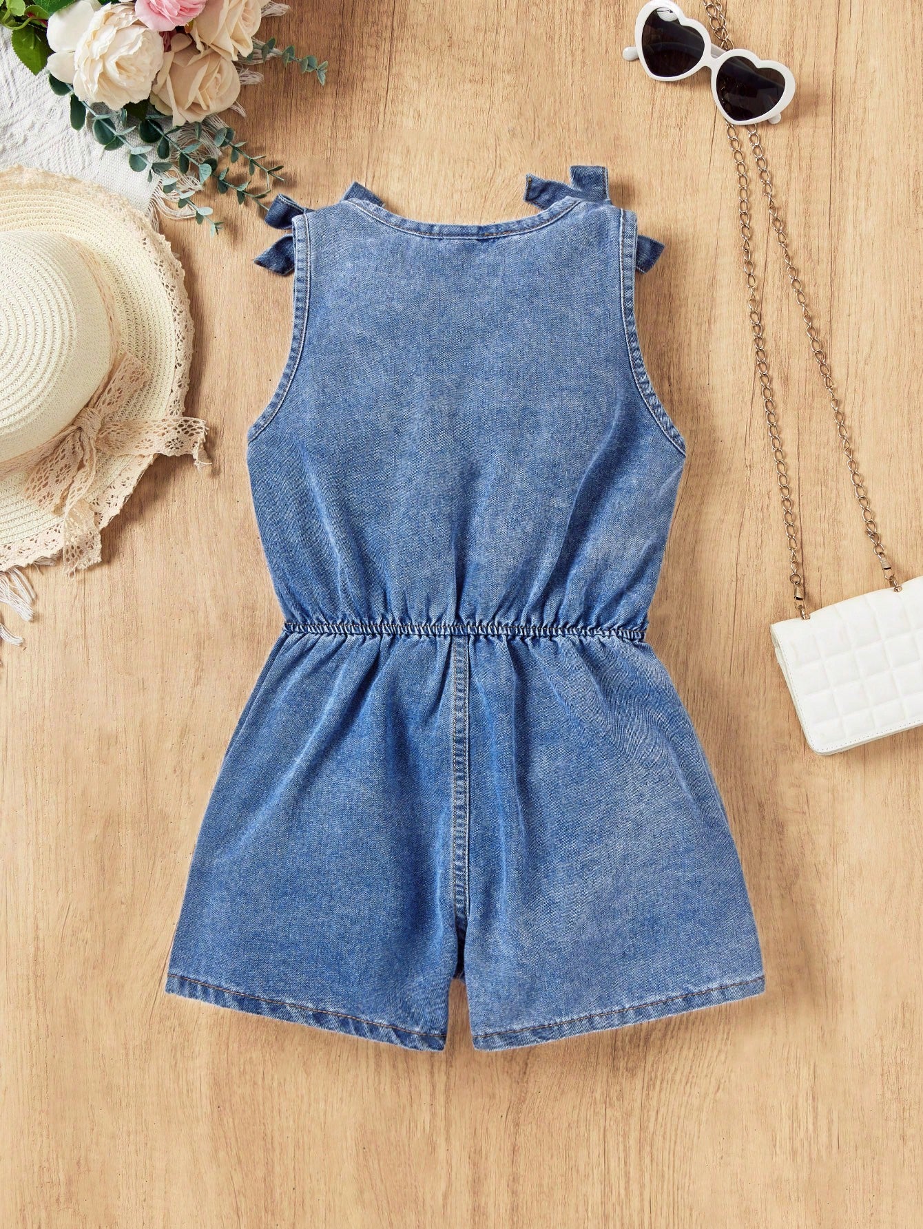 Tween Girl Bow Shoulder Wrap Front Denim Jumpsuit Romper For Summer,Girls Summer Boho Clothes Outfits