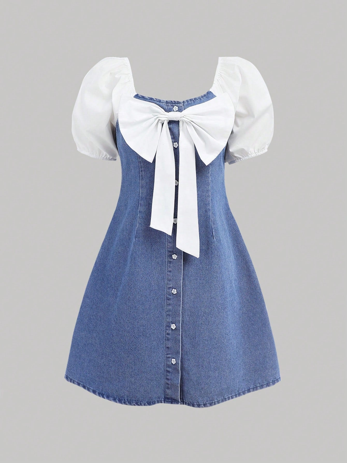 Teen Girl Summer Trendy Elegant Colorblock Puff Sleeves Bow Front A Shape Denim Dress,Girls Summer Dress Outfits