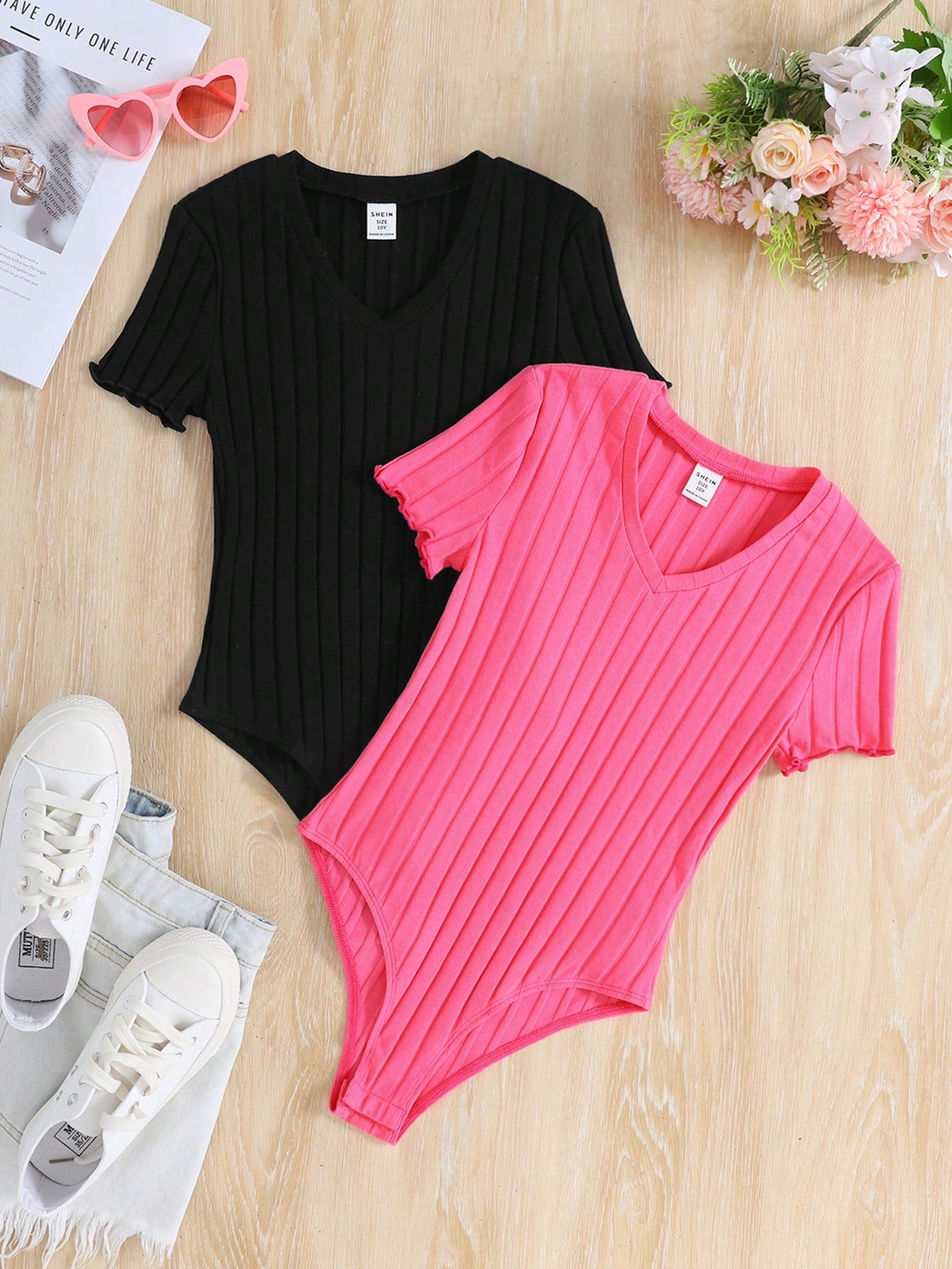 Tween Girl 2pcs/Set Knitted Solid Color V-Neck Bodysuit Casual Outfits