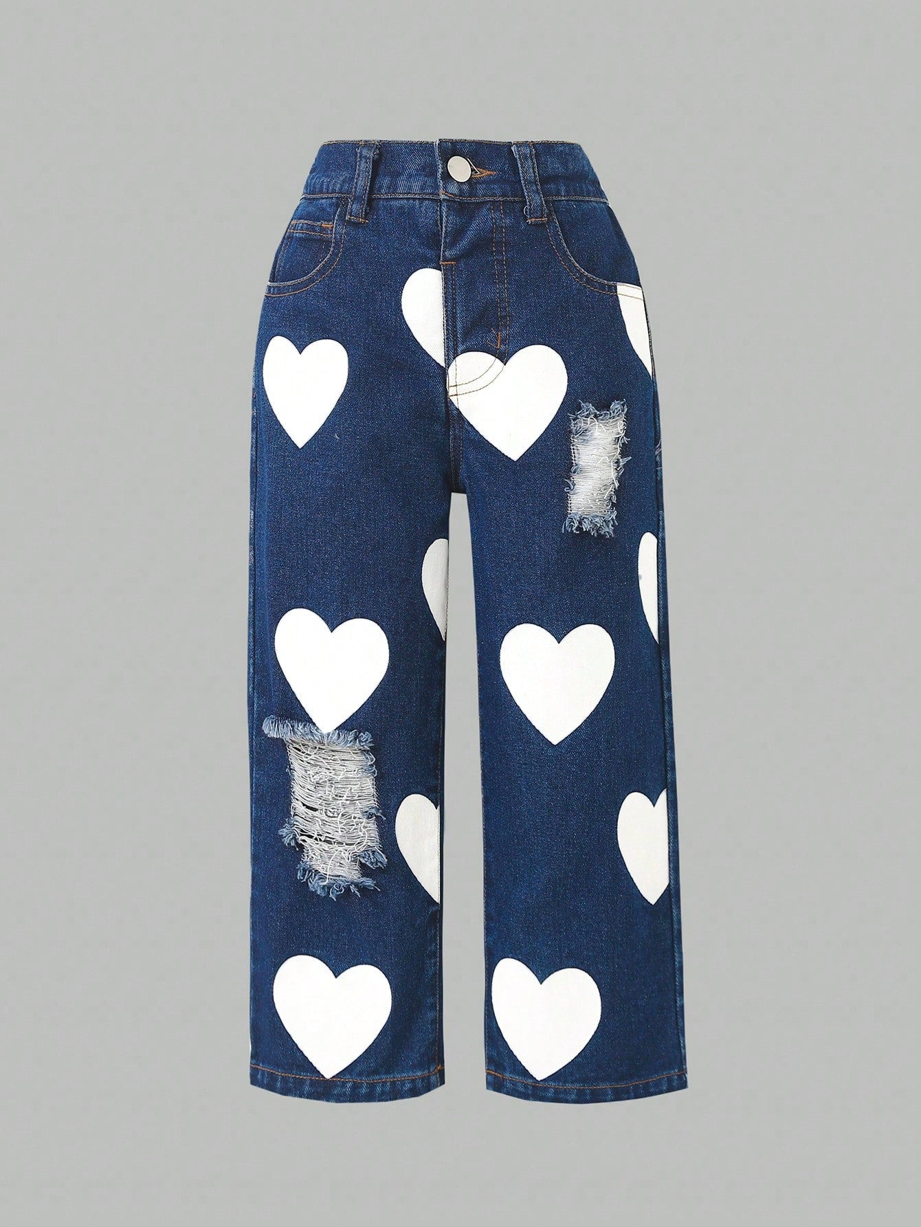 Young Girl Cute Country Style Heart Print White Distressed Jeans, For Vacation