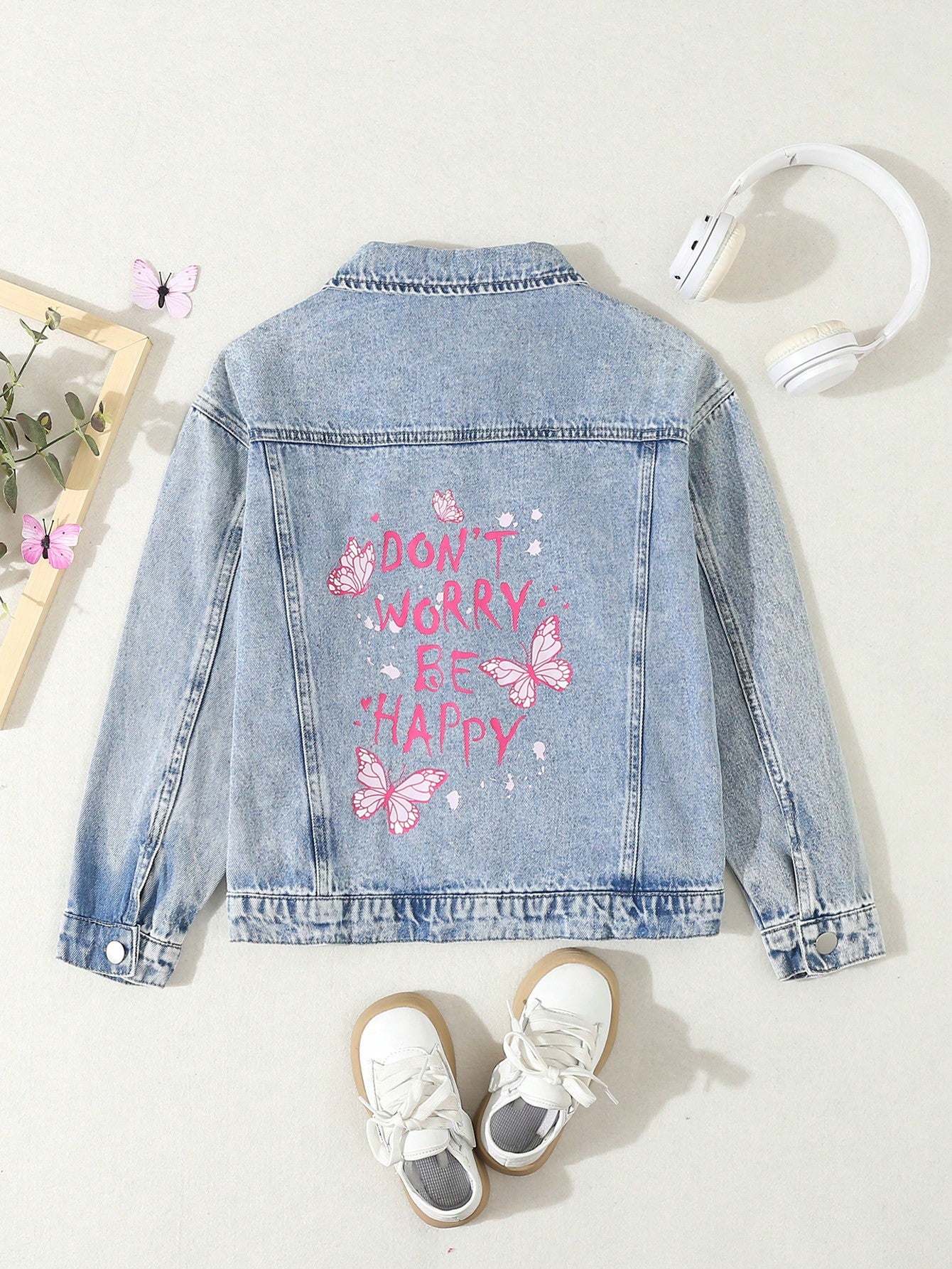 Streecool Kids Girls' Loose Regular Fit Pink Butterfly & Letter Printed Denim Jacket