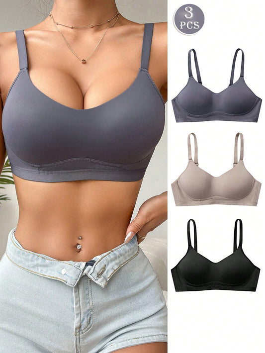 3PCS Lady's Comfortable Casual Wireless Soft Cup Solid Underwear Bra