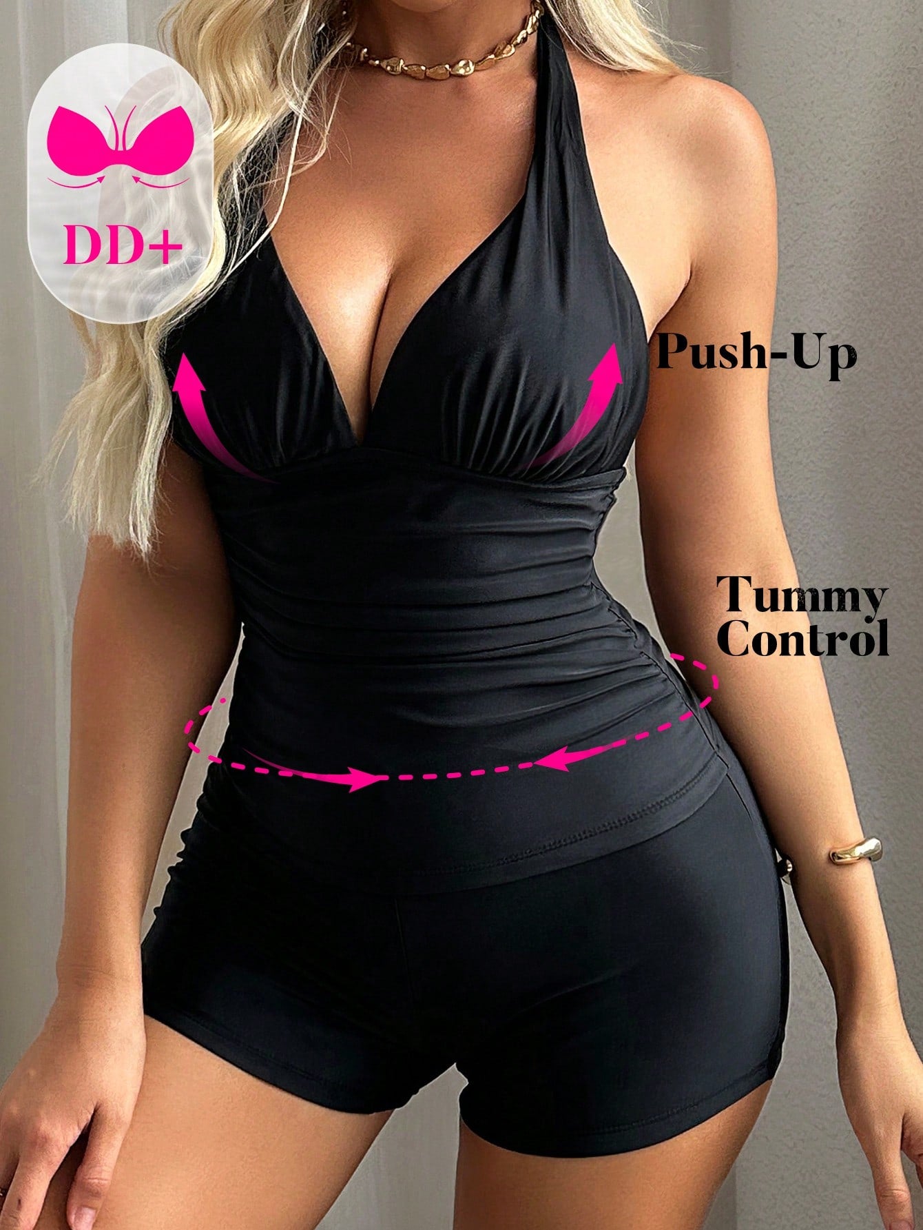 DD+ Women's Ruched Tummy Control Halter Tankini Set For Summer Beach Swimming