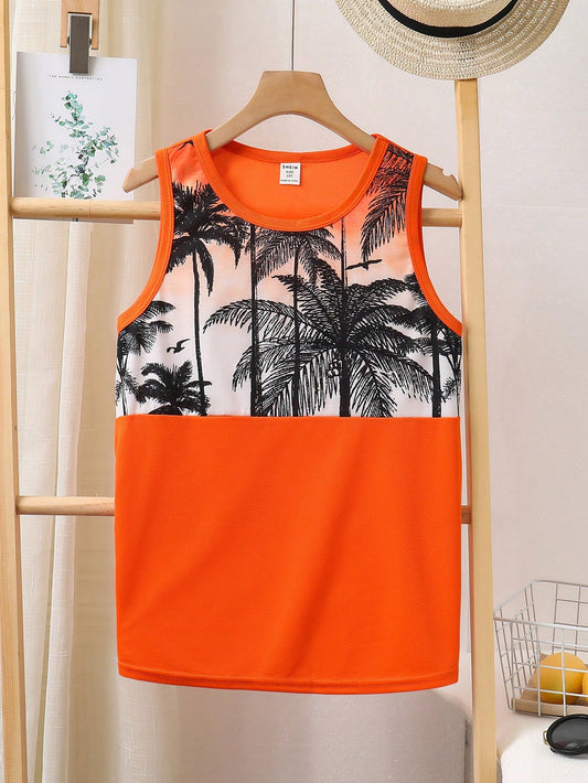 Tween Boys' Beach Holiday Patchwork Palm Tree Printed Round Neck Sleeveless Knit Loose Tank Top