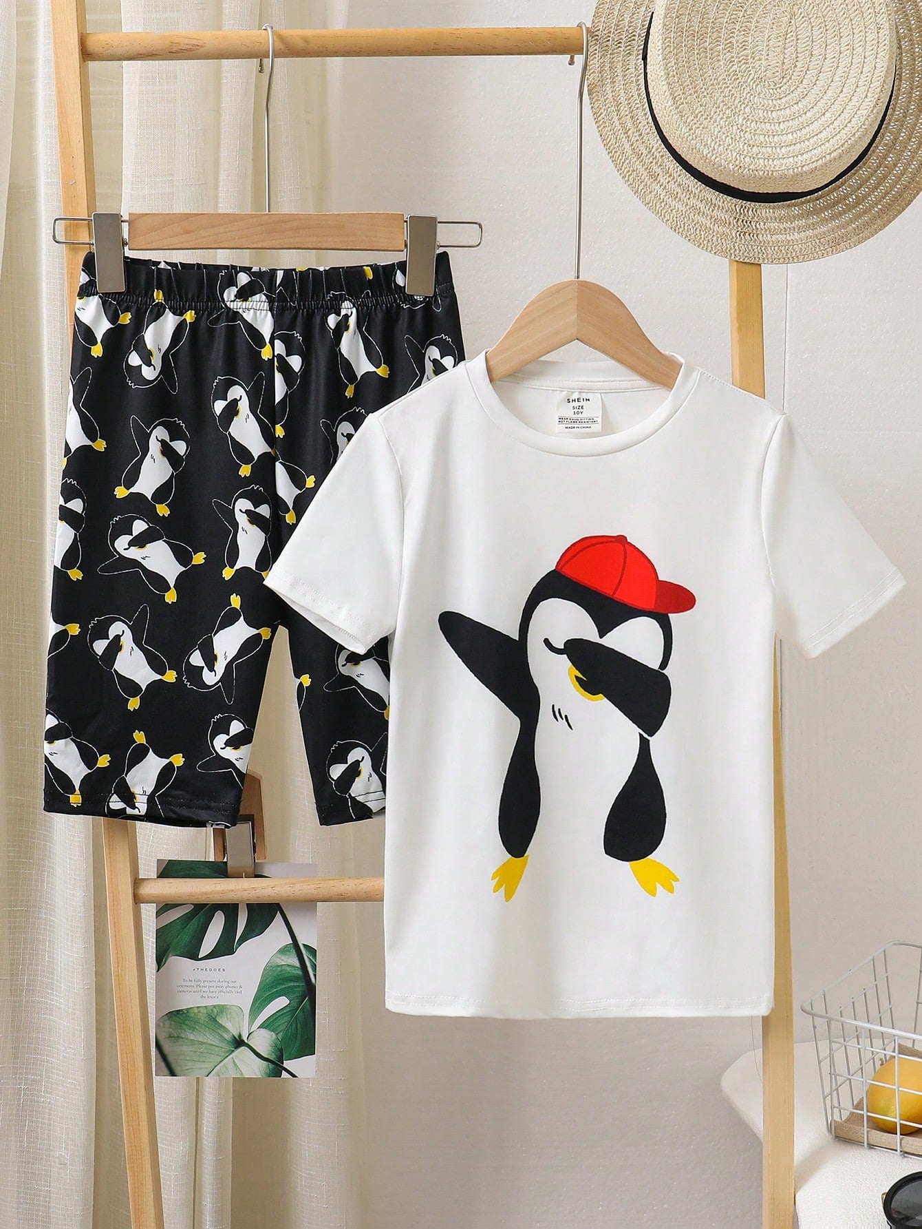 Tween Boy Snug Fit Casual Penguin Printed Round Neck Sweatshirt And Shorts  Home Wear Set, 2pcs