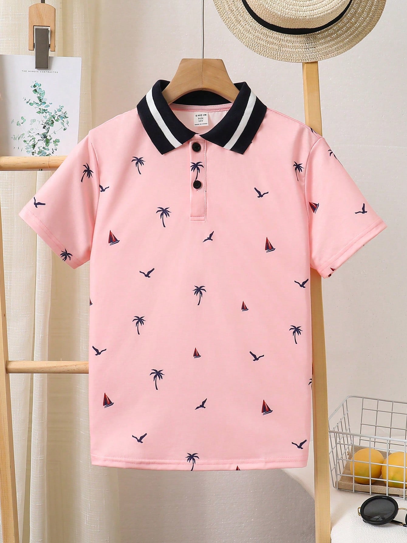 Tween Boy Casual Coconut Tree, Sailboat & Seagull Patterned Short Sleeve Polo Shirt With Turn Down Collar For Holiday, Loose Fit