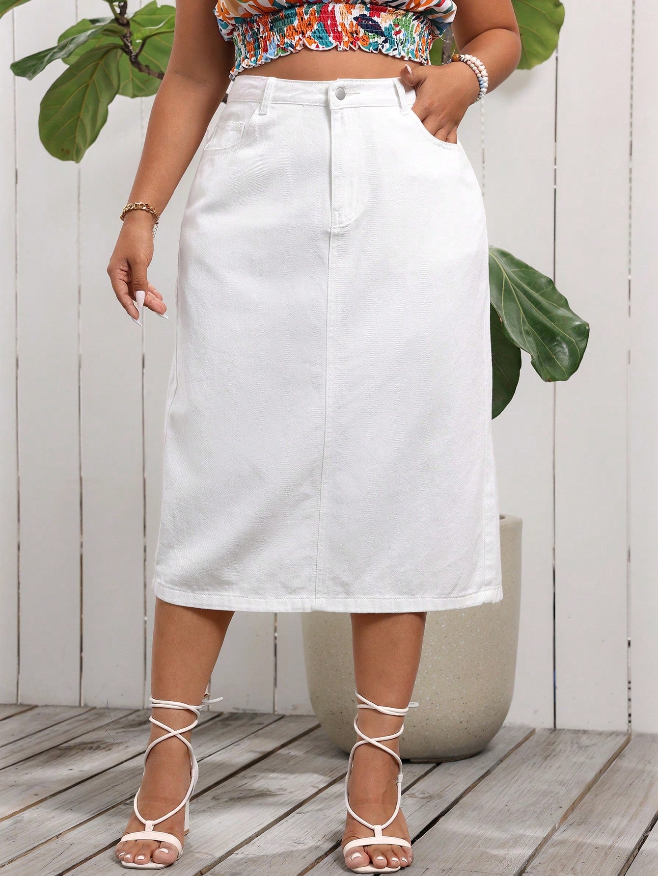 Plus Size Denim Slit Mid-Length Skirt