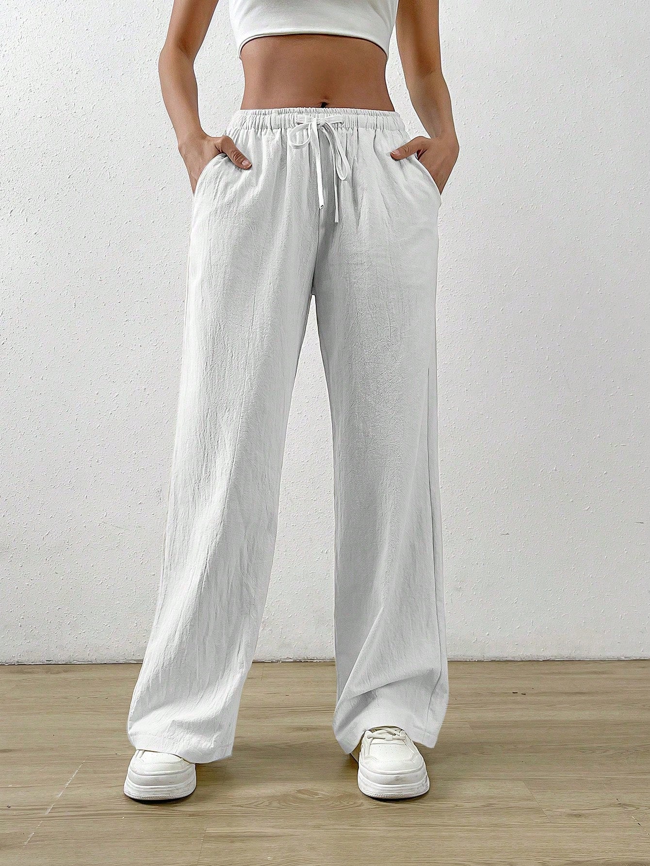 Cotton Loose Straight Drawstring Waist Slant Pocket Pants