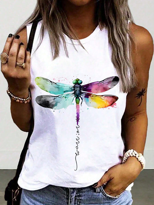 Ladies' Dragonfly Printed Round Neck Tank Top