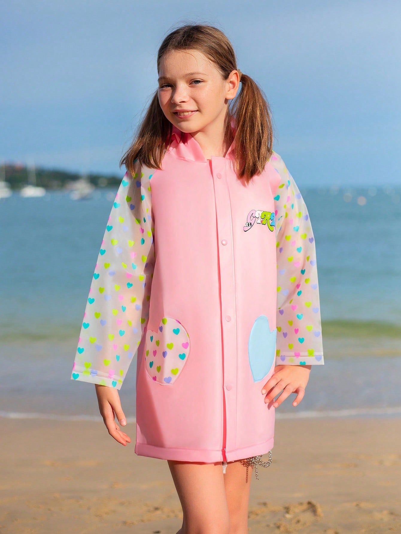 Girls' Pink Patchwork Raincoat With Multicolor Heart & Letter Prints, Heart Pocket And Drape Design, All-Season