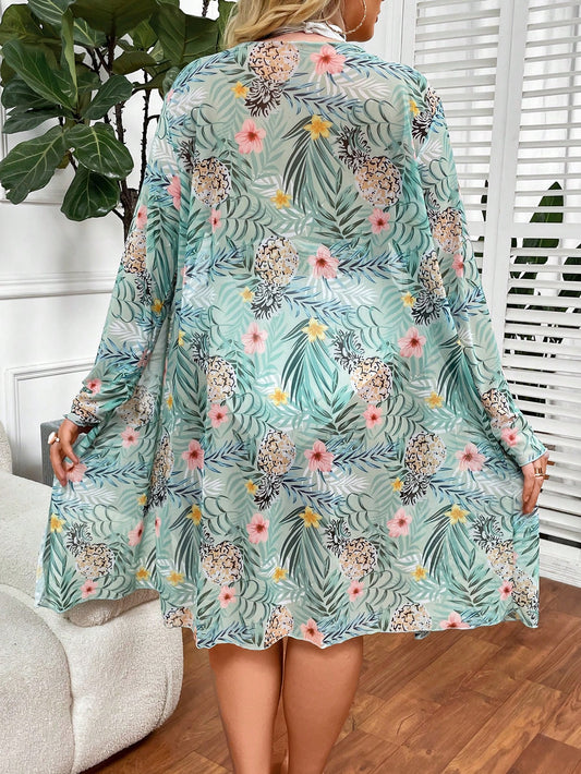 Plus Size Women's Floral & Plant Printed Kimono Dress, Summer Beachwear