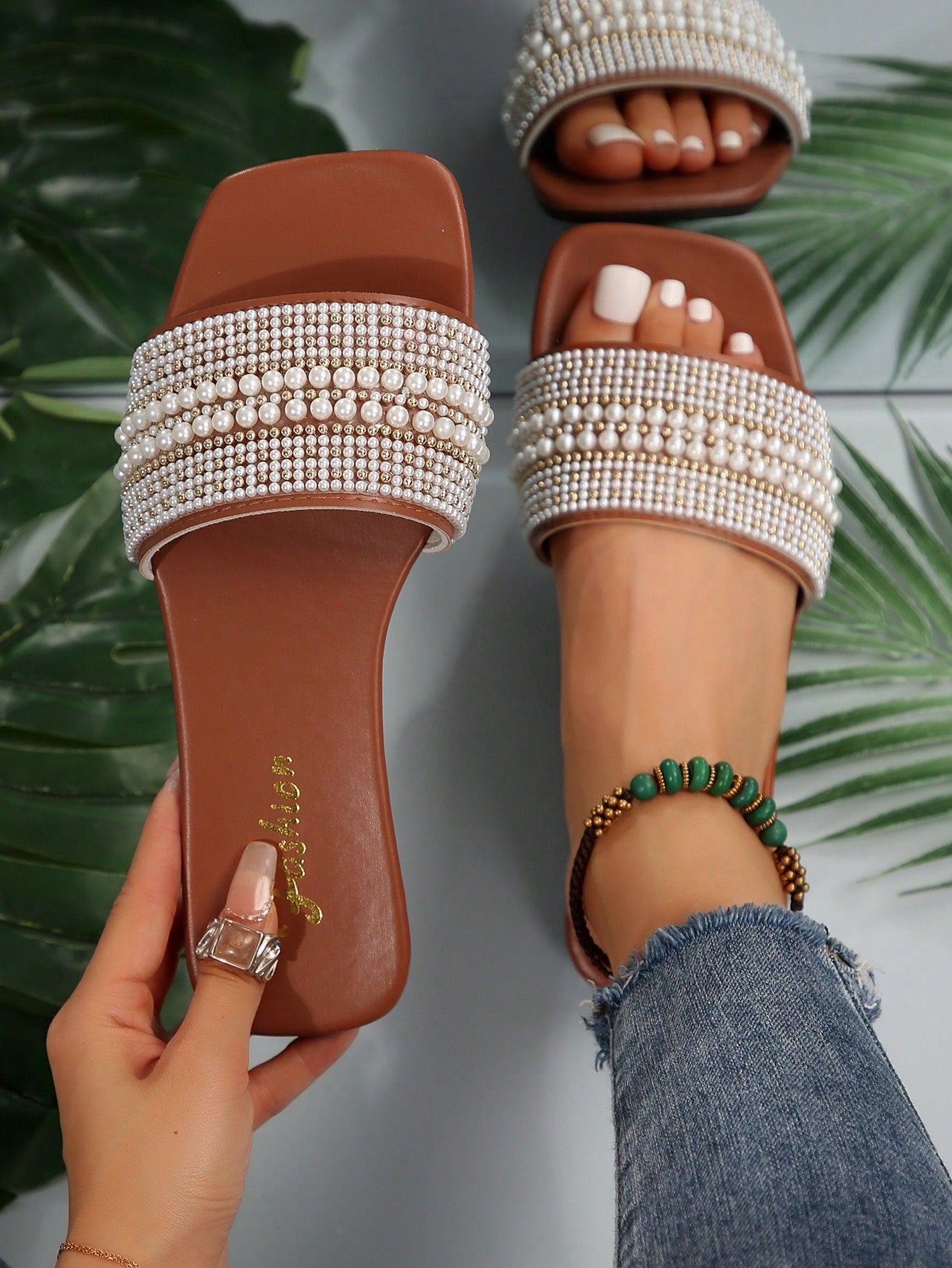 Women's Plus Size Flat Sandals, Vacation Style, Summer, Casual, Versatile, Outdoor Wear, Jewel Embellished Slides