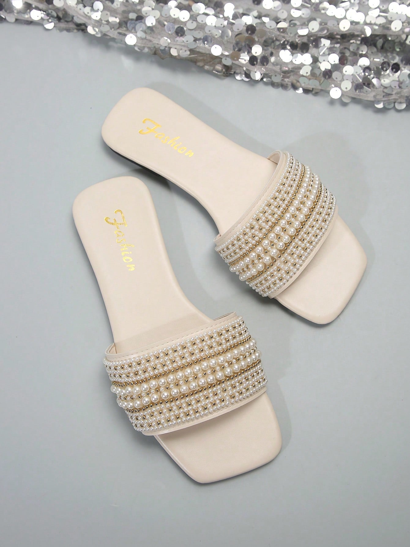 Women Rhinestone Decor Slide Sandals, Artificial Leather Glamorous Sandals